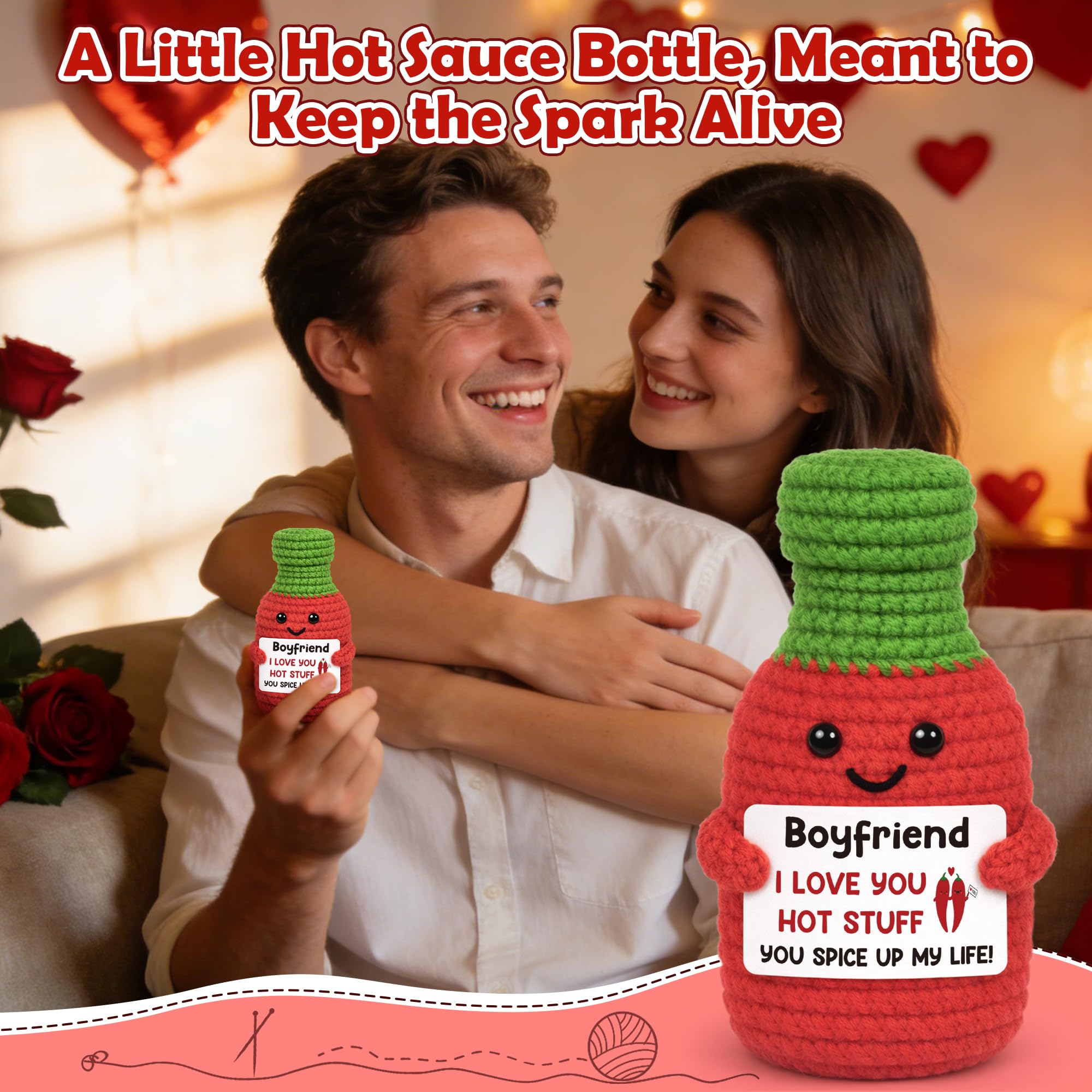 Anniversary Men Gifts for Boyfriend Him Birthday for Boyfriend from Girlfriend, I Love You Boyfriend's Sweet Day Romantic Gift Funny Handmade Crochet Hot Sauce Gift for Couple