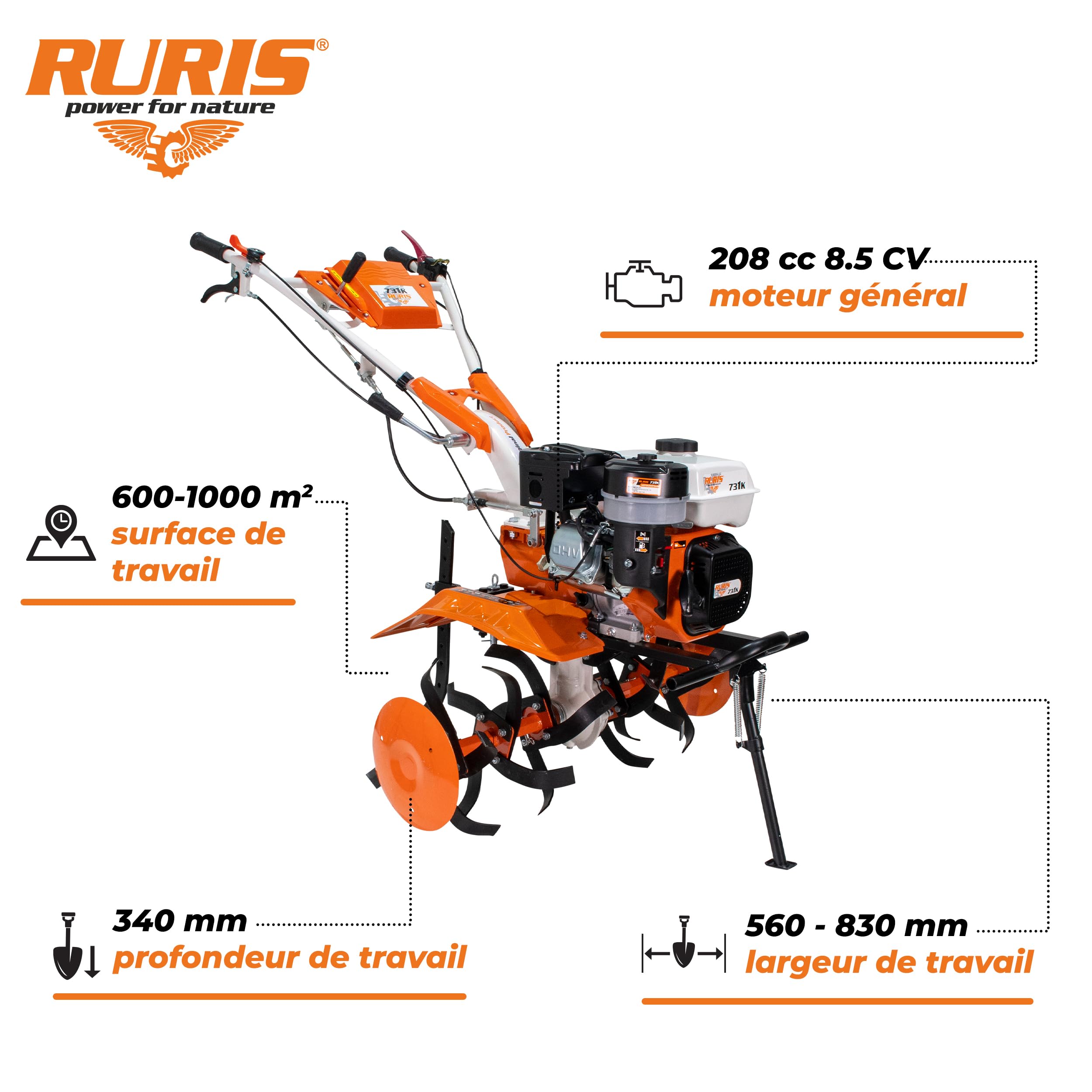 RURIS - Motoculteur Professionnel 731FR - Moteur General Engine de 8,5 CV - Largeur de Travail de 560-830 mm - Surface Traitée Allant Jusqu'à 1000 m²/h, Orange