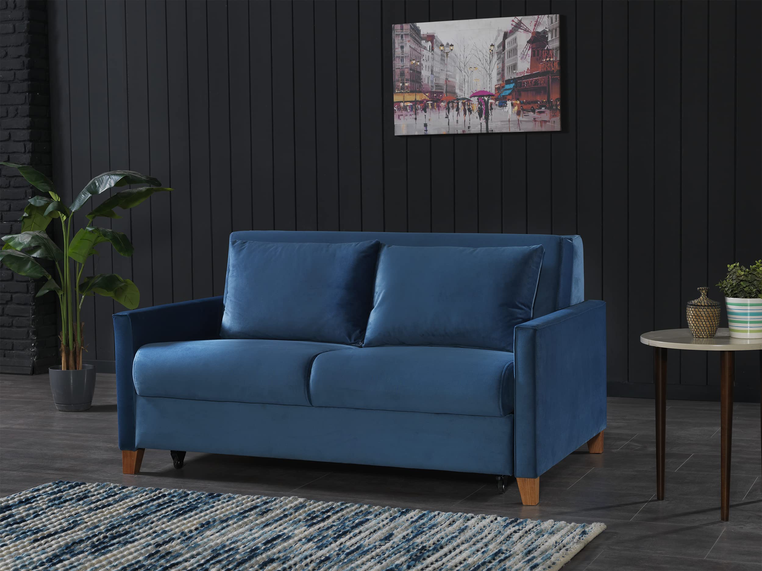 EVERGREENWEB - Divano Letto 2 posti con letto estraibile e spalliera reclinabile, Divano di design Moderno zampe di legno e cuscini in omaggio, Braccioli Slim, Materasso 140x190 - Margot Tortora