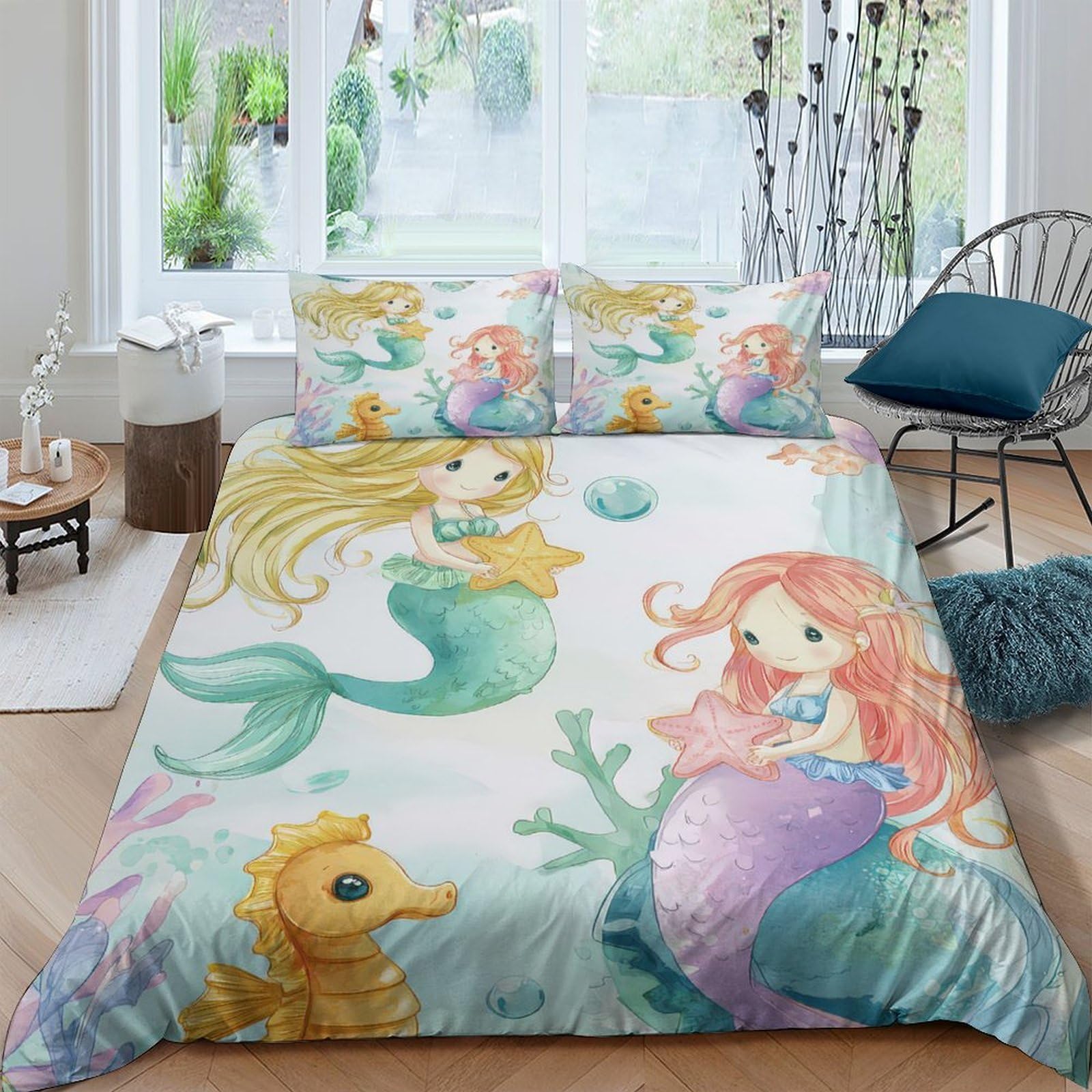 Ctjqhvkz Style-1 3D Printed Mermaid Fitted Sheet Microfiber Soft Pastel Ocean Bed Cover For Bedroom Decor Mattress Protection Single（135X200cm）