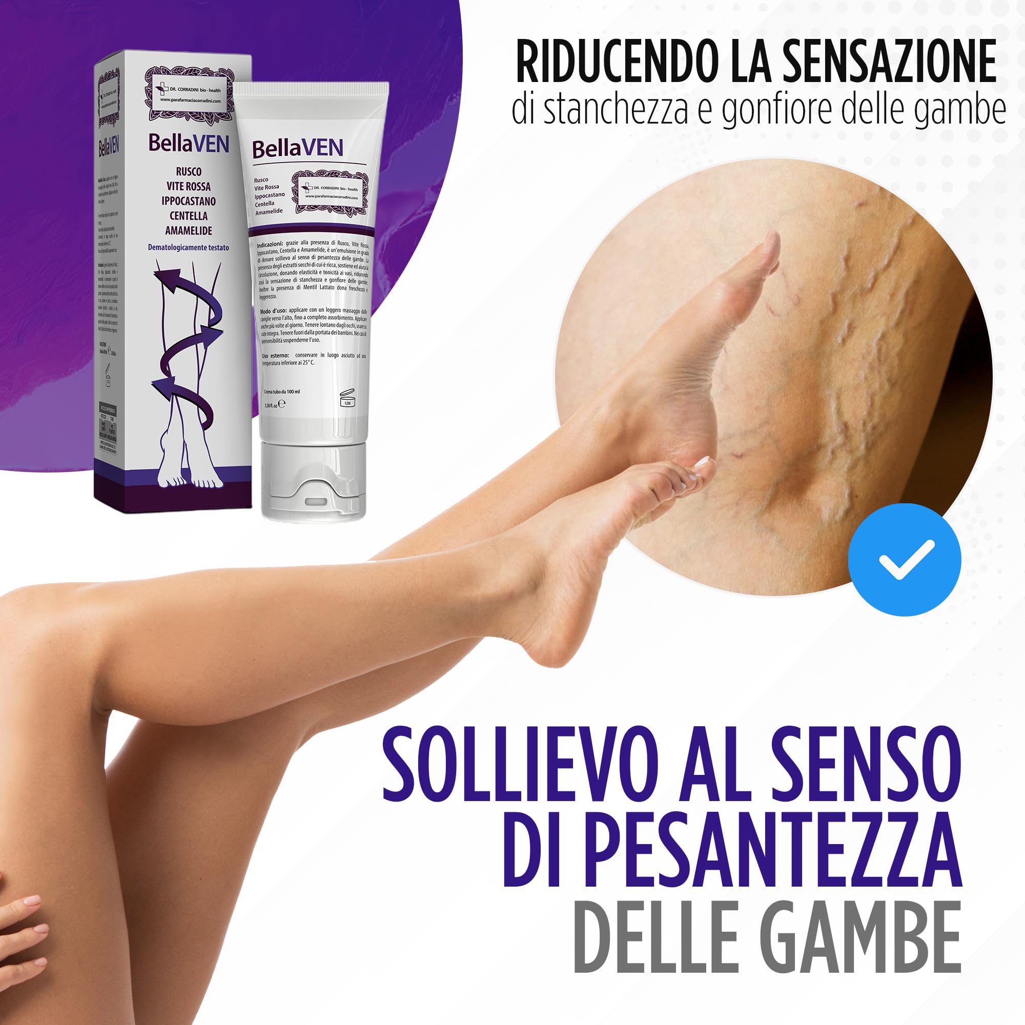 Dr. Corradini Crema Vene Varicose e Capillari con Rusco Vite Rossa Ippocastano Centella e Amamelide - Crema Gambe Stanche e Pesanti 100ml