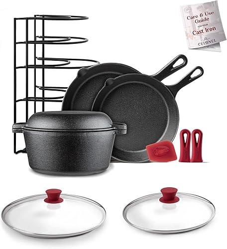 Juego de 5 utensilios de cocina de hierro fundido, sartén de 10 pulgadas + 12 pulgadas + horno holandés de 5 cuartos + organizador de bandeja +