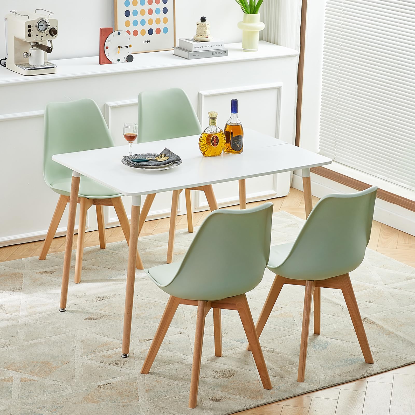 EGGREE Pack de 4 Sillas Comedor, Sillas de Cocina Nórdico con Asiento Tapizado y Las piernas de Madera de Haya Maciza - Verde Helado