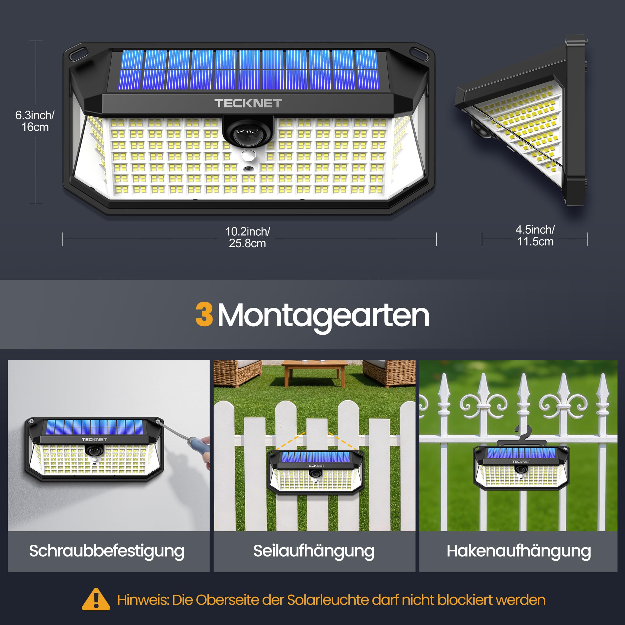 TECKNET Solarlampen für Außen mit Bewegungsmelder, 546 LEDs Lampe, 4 Stück | 300° breiter Beleuchtungswinkel, 3 einstellbare Lichtmodi, IP66 wasserdicht für Garten, Garage und Haustür