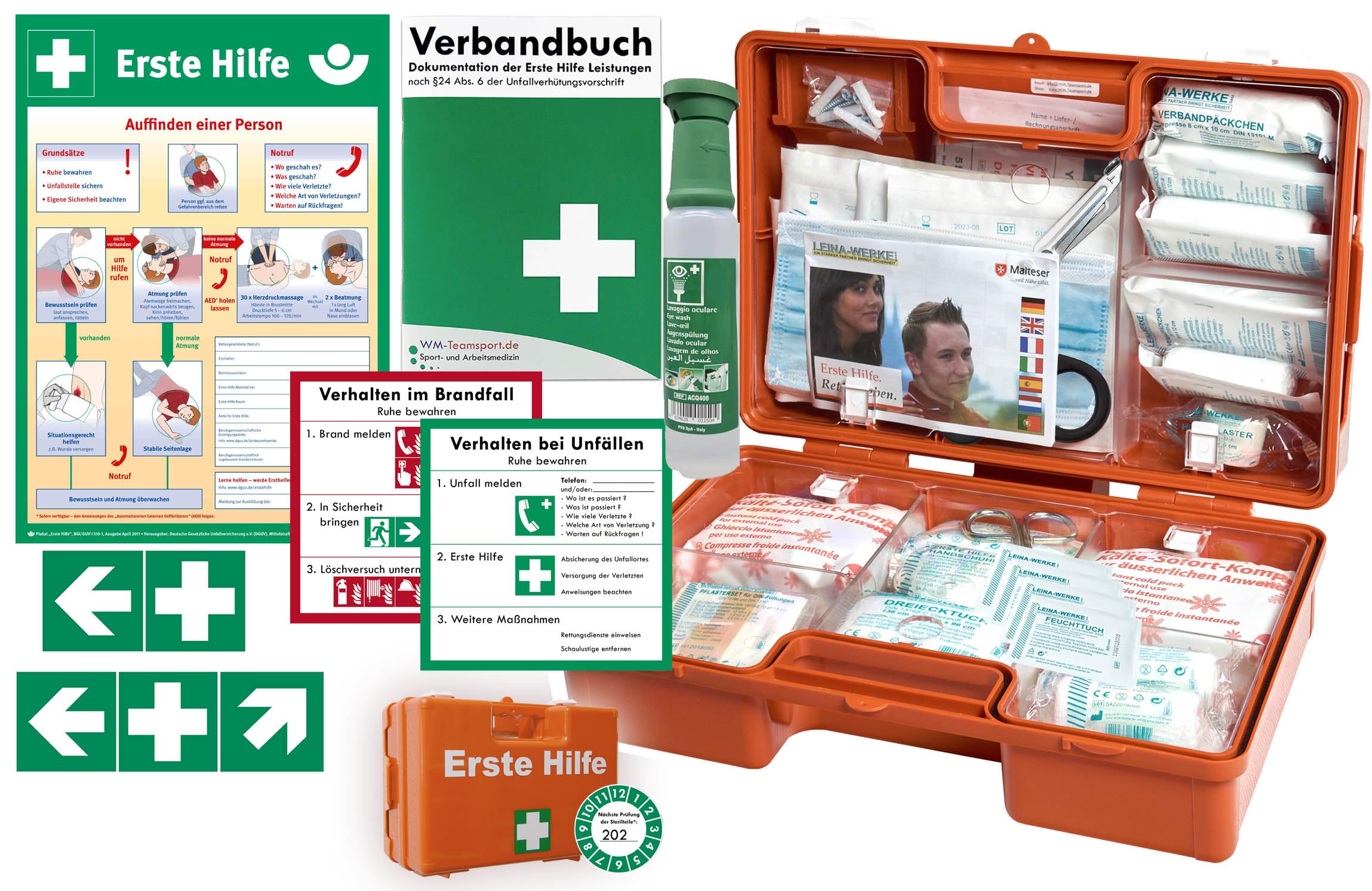 Erste-Hilfe-Koffer/Verbandskasten aktuelle DIN/EN 13157 inkl. Augenspülung + BG-Info-Komplettpaket mit Aushang & Rettungszeichen