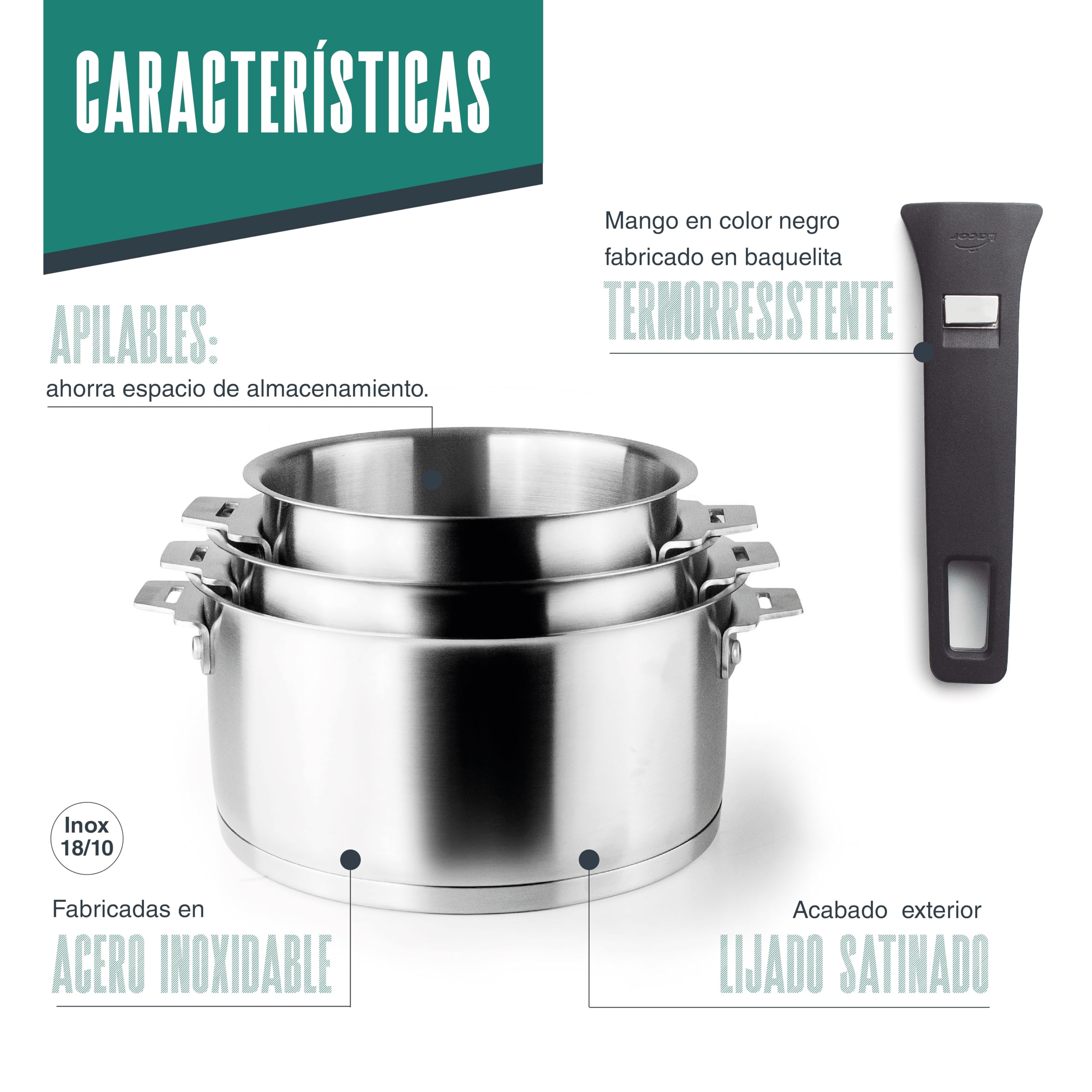 Lacor 56610 - Ensemble de 3 casseroles combinées, + anse, empilables | Ustensile professionnel durable; conçu pour un rendement optimal y nettoyage rapide et facile au lave-vaisselle