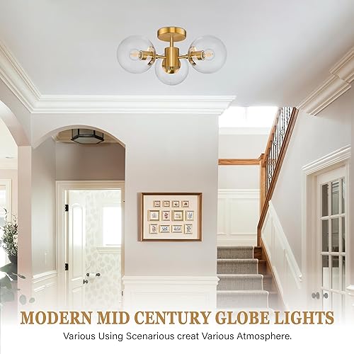 Miniatura 8 de Lámpara de techo de 3 luces de cristal transparente de mediados de siglo de 19 pulgadas de latón moderno semiempotrado, lámparas de techo modernas