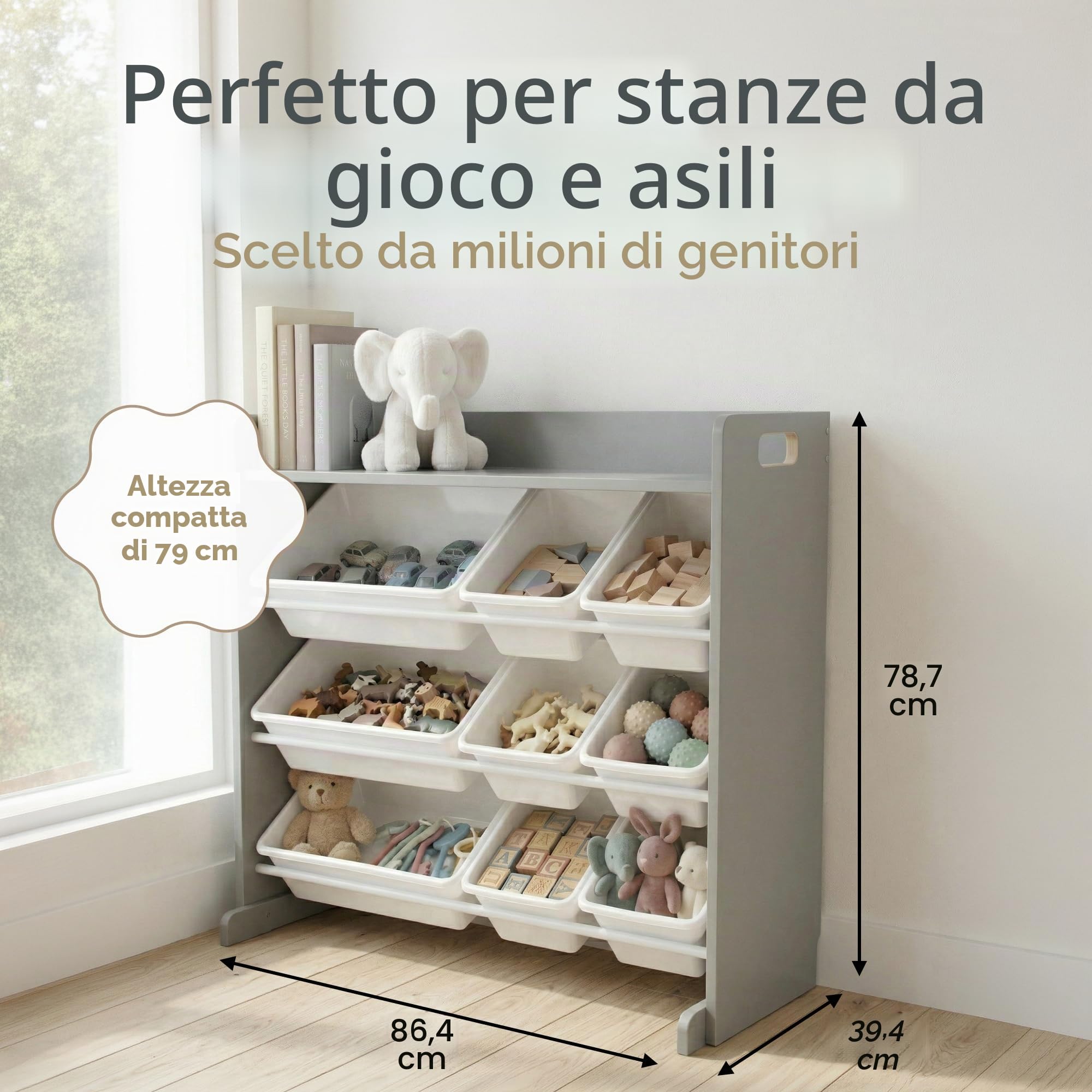 Humble Crew Scaffale Bambini Elegante: Organizer Giocattoli con 9 Contenitori, Design Grigio/Bianco Moderno, Perfetto per Camerette Chich e Ordinata