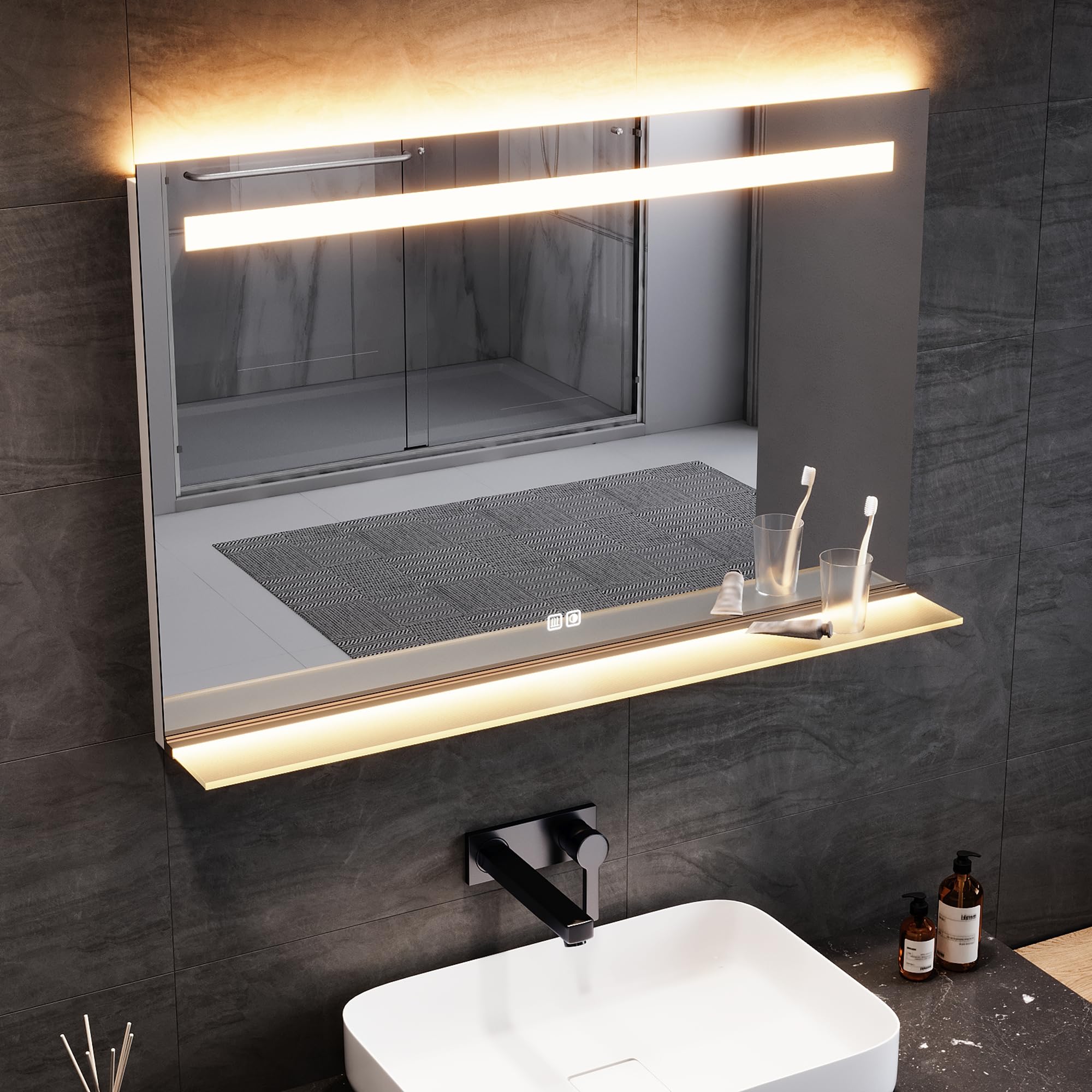SONNI Lustro łazienkowe LED z półką 100 x 65 cm, dotykowe lustro łazienkowe z gniazdkiem, 3 kolory światła, funkcja zapobiegająca zaparowaniu i pamięci, 100 x 65 cm