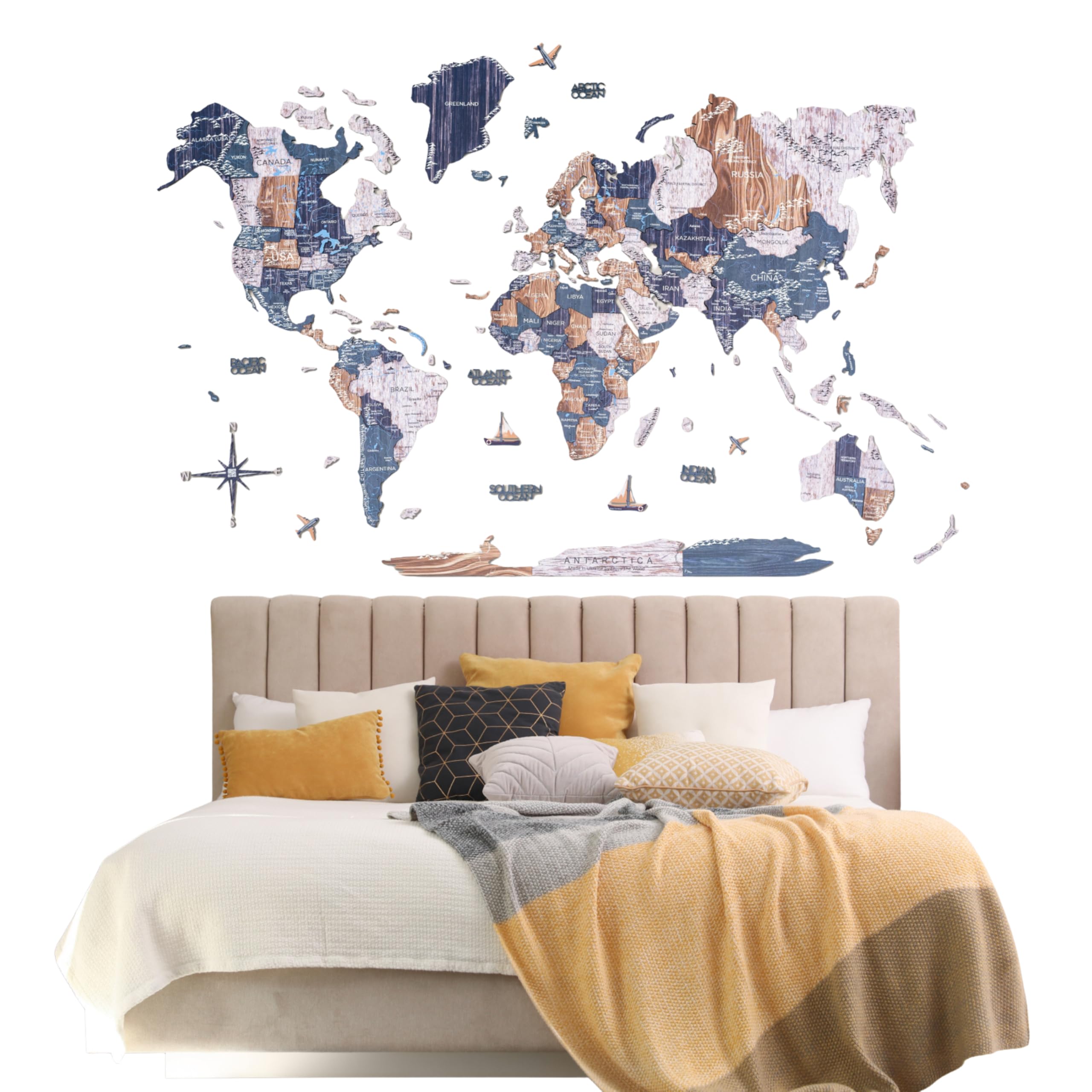 Enjoy The Wood Mapa del Mundo de Madera a Color con Ríos y Lagos - Arte de Pared 3D Decoración del Hogar - Mapa de Viajes de Madera en Todos los Tamaños - Idea de Regalo (L, Mystery)