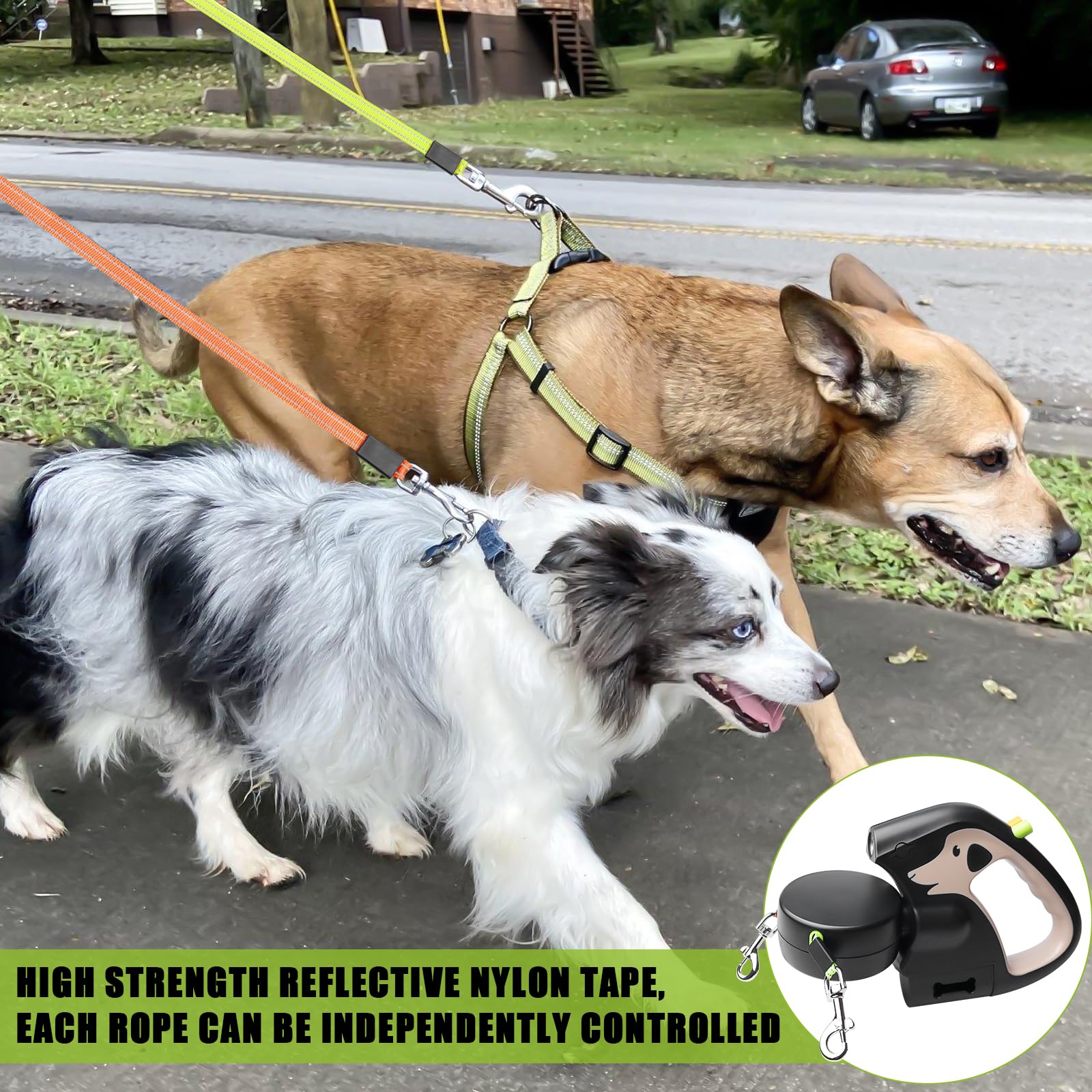 Laisses Doubles Rétractables Automatiques pour Chiens, 3M Laisses Doubles Rétractables avec Lumières LED, Double Laisse Rétractable pour 2 Chiens pour Petite Et Moyenne Taille(Brun)