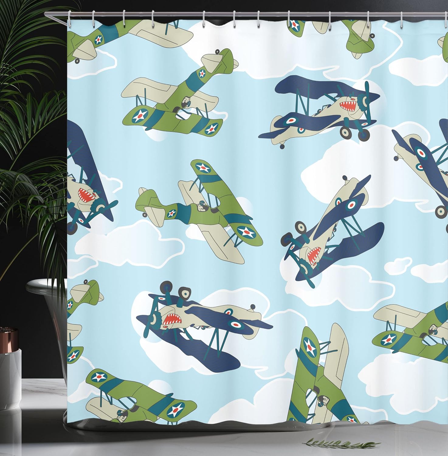Ambesonne Airplane Shower Curtain, Vintage Allied Plane Flying Pattern Cartoon Shark Teeth, Cloth Fabric Bathroom Decor Set with Hooks, 69" W x 70" L, Olive Green
