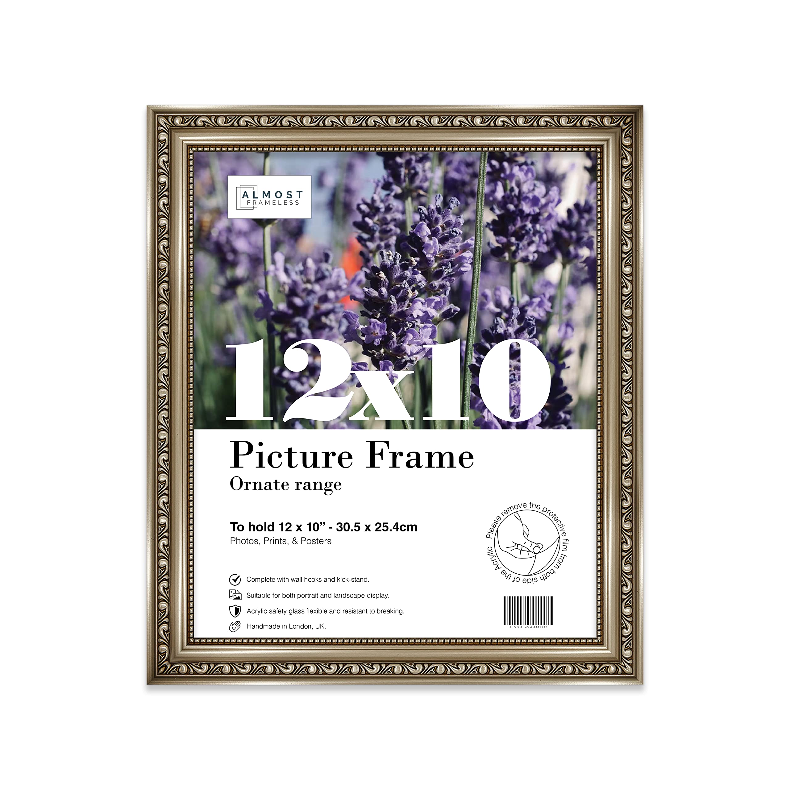 Almost Frameless 12x10 Gunmetal Ornate Picture Frame 12"x10"(30.5x25.4cm) Poster, Photo, Artwork, or Print. Opulent Style Portrait and Landscape Display with Wall Hooks