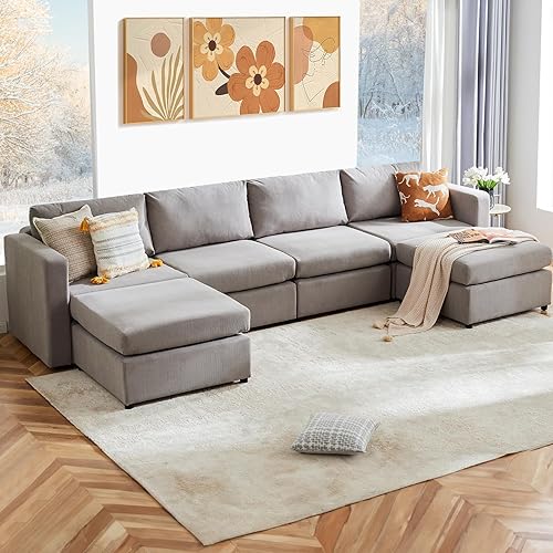 Sweetcrispy Convertible Modular Sectional Sofa, 6 Seat 6 Back Sectional Couches for Living Room, U-Shaped Modern Fabric Modular Sofa Sleeper with Double Chaise for Home, Apartment, Dorm, Grey