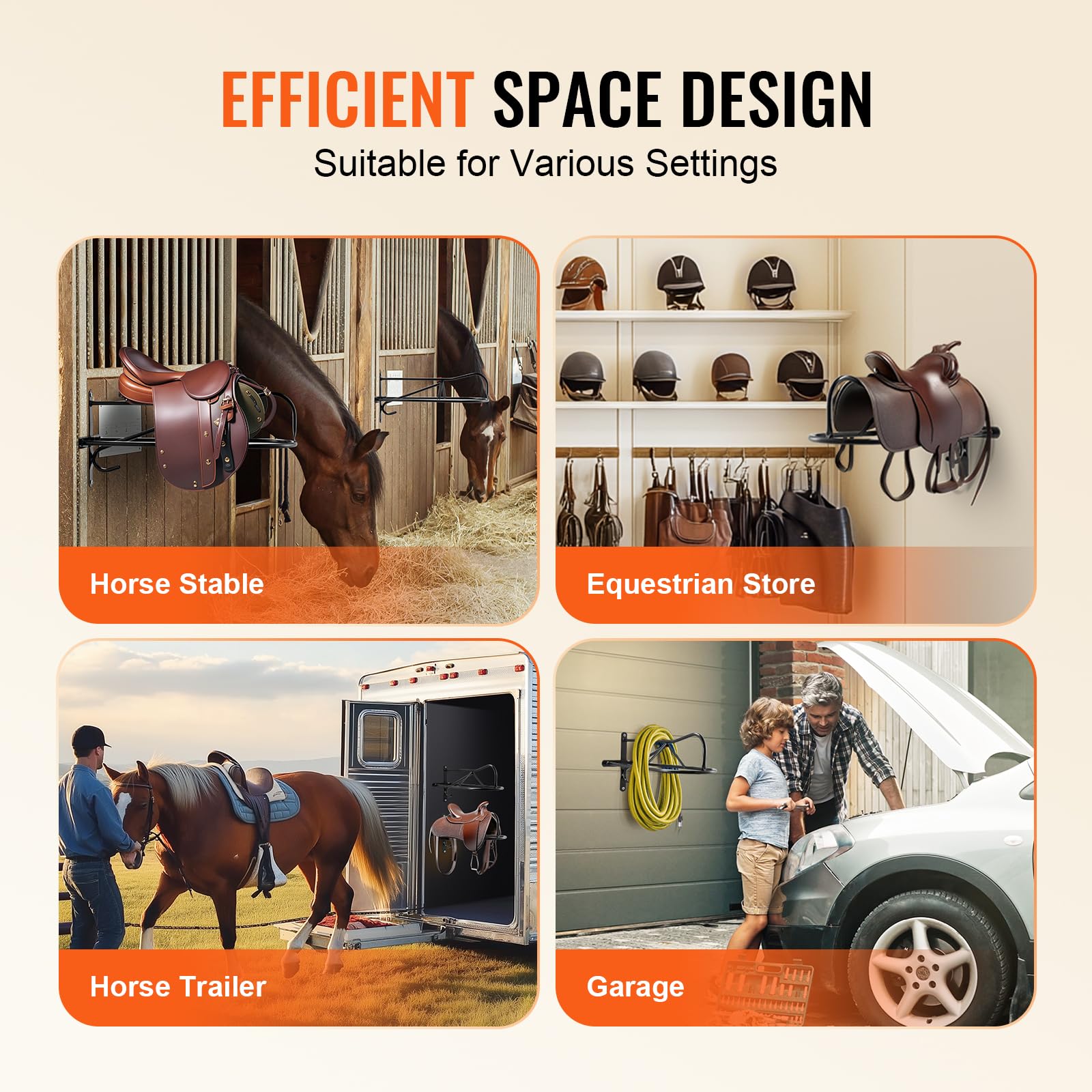 VEVOR 8 PCS Soporte de Pared para Sillín de Caballo 580x223x270mm, Soporte para Sillín de Caballo con Barra de Almohadilla, Soporte Portátil para Sillín Inglés y Occidental para Jardín Ecuestre, Negro