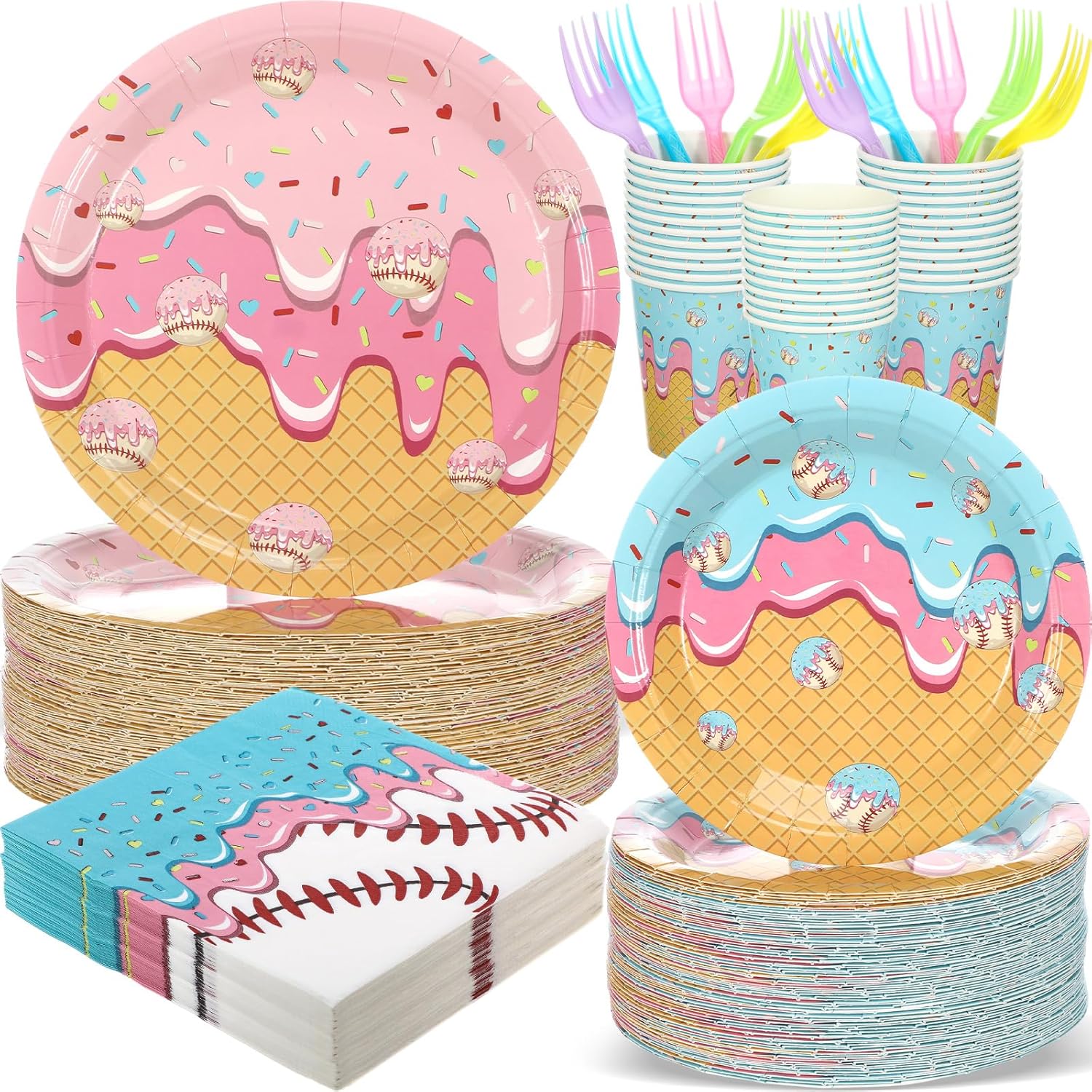 Remerry 240 Pcs Ice Cream Drip Baseball Party Supplies Disposable Baseball Ice Cream Drip Tableware Kits Included Plates Napkins Fork Cups for Sport Birthday Baby Shower Parties Decorations