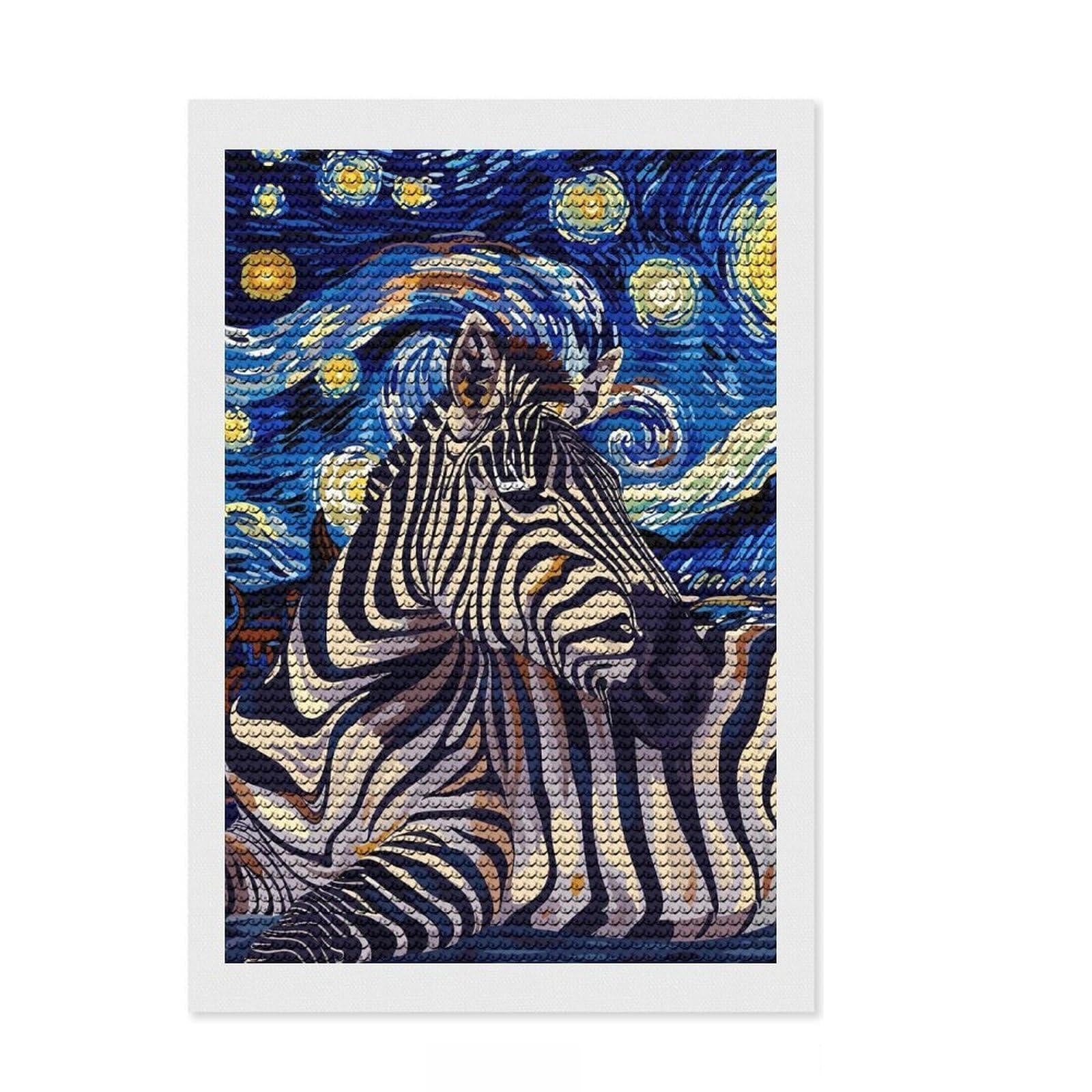 Junmoney Zebra in Starry Night Style Crystal Diamond Art Kit 8"x12", Cute Room Decor, Stress Relief Craft, Artistic Hobby, Vintage Style Decor