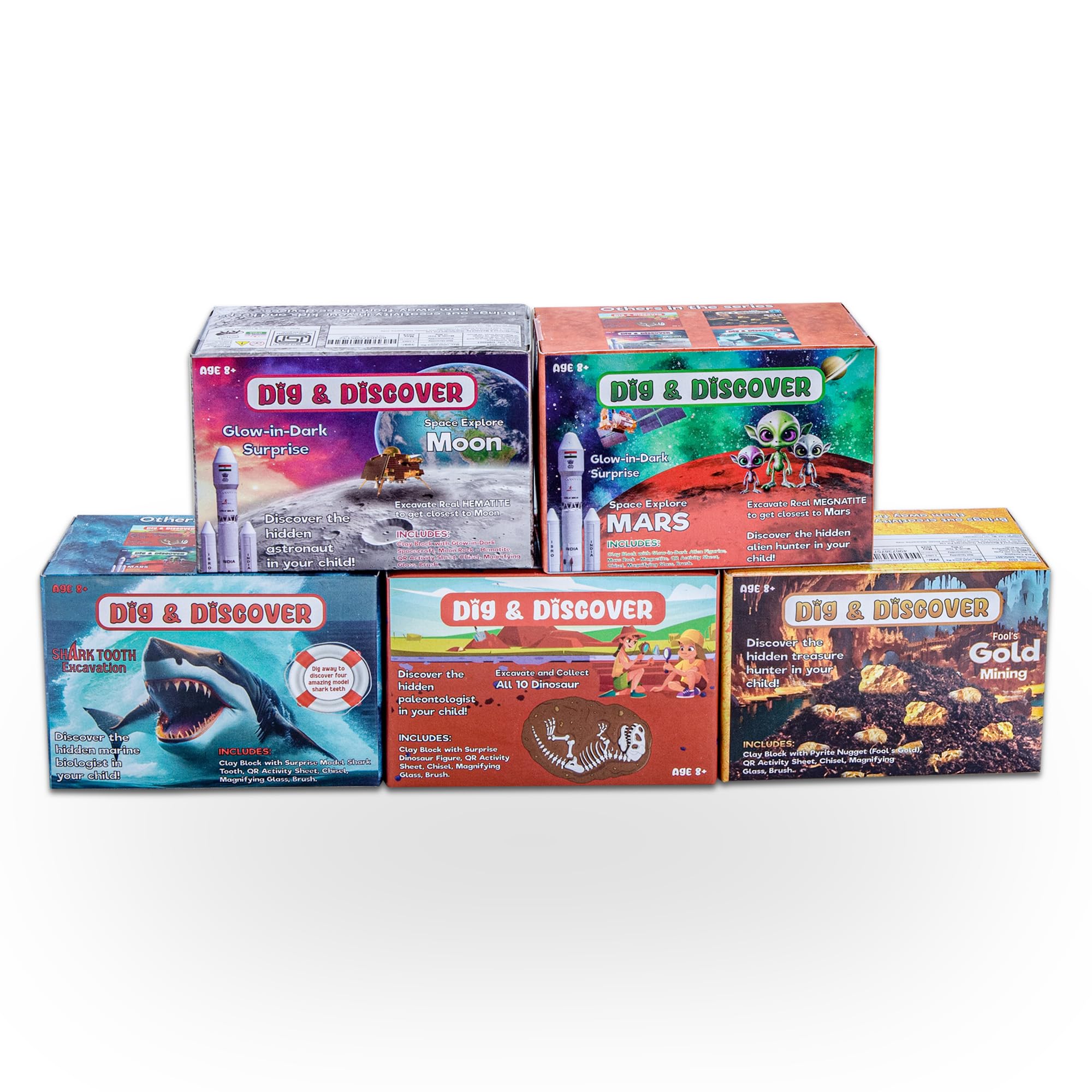 Dig & Discover Excavation Kit Box Combo 5 - Glow-in-Dark Surprise, Moon, Mars, Gold Mining, Dinosaur Excavation, Shark Tooth Specimens | Fun & Educational Activity | Toys for Kids 5 Box Set-image-28