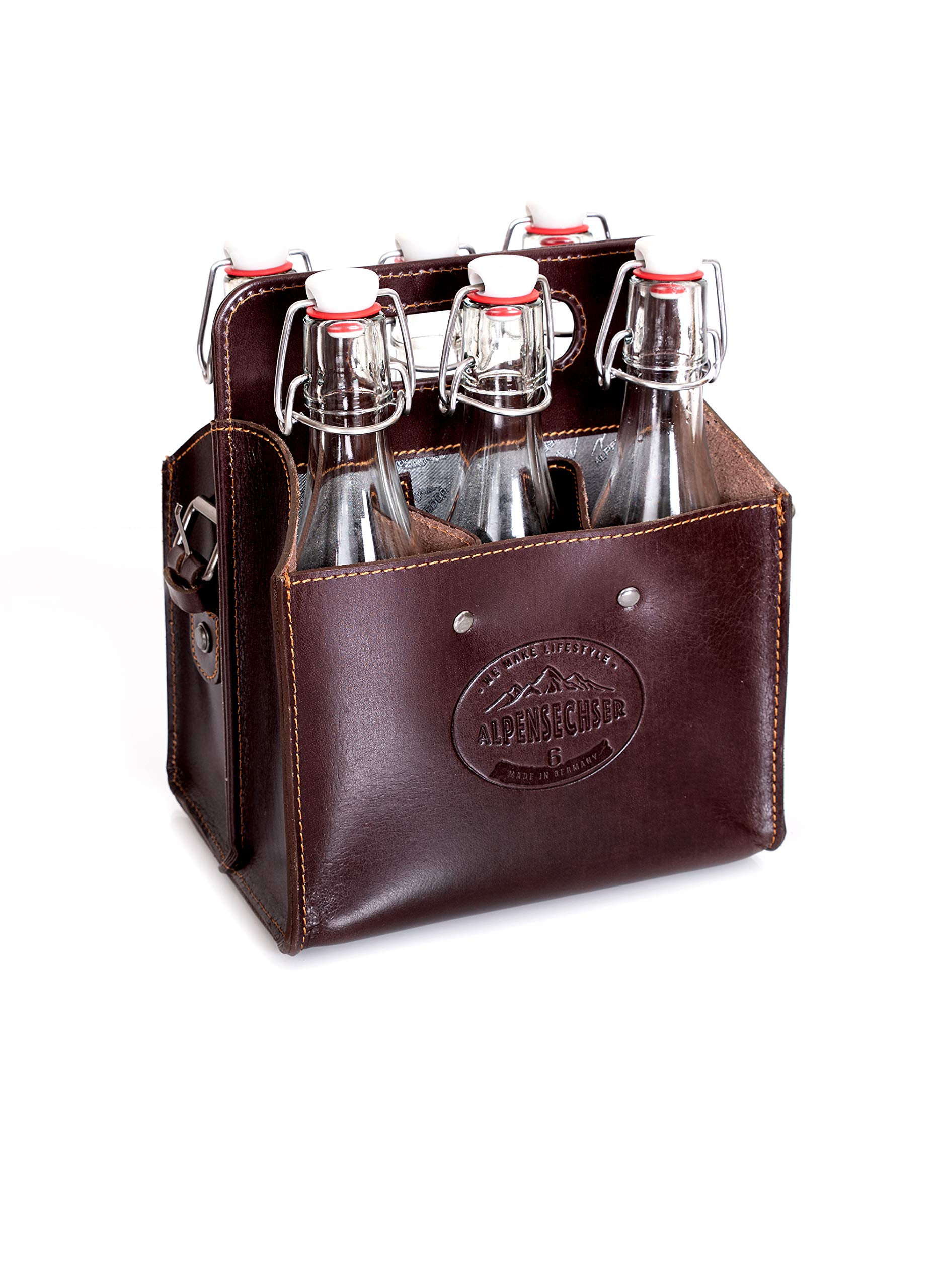 Alpenleder Flaschenträger - ALPENSECHSER (Handgefertigt) - Nachhaltiges Bio-Leder aus regionaler Landwirtschaft | Flaschentasche, Flaschenträger 6 Flaschen *Fair Produziert* (20x15x25cm, Wine)