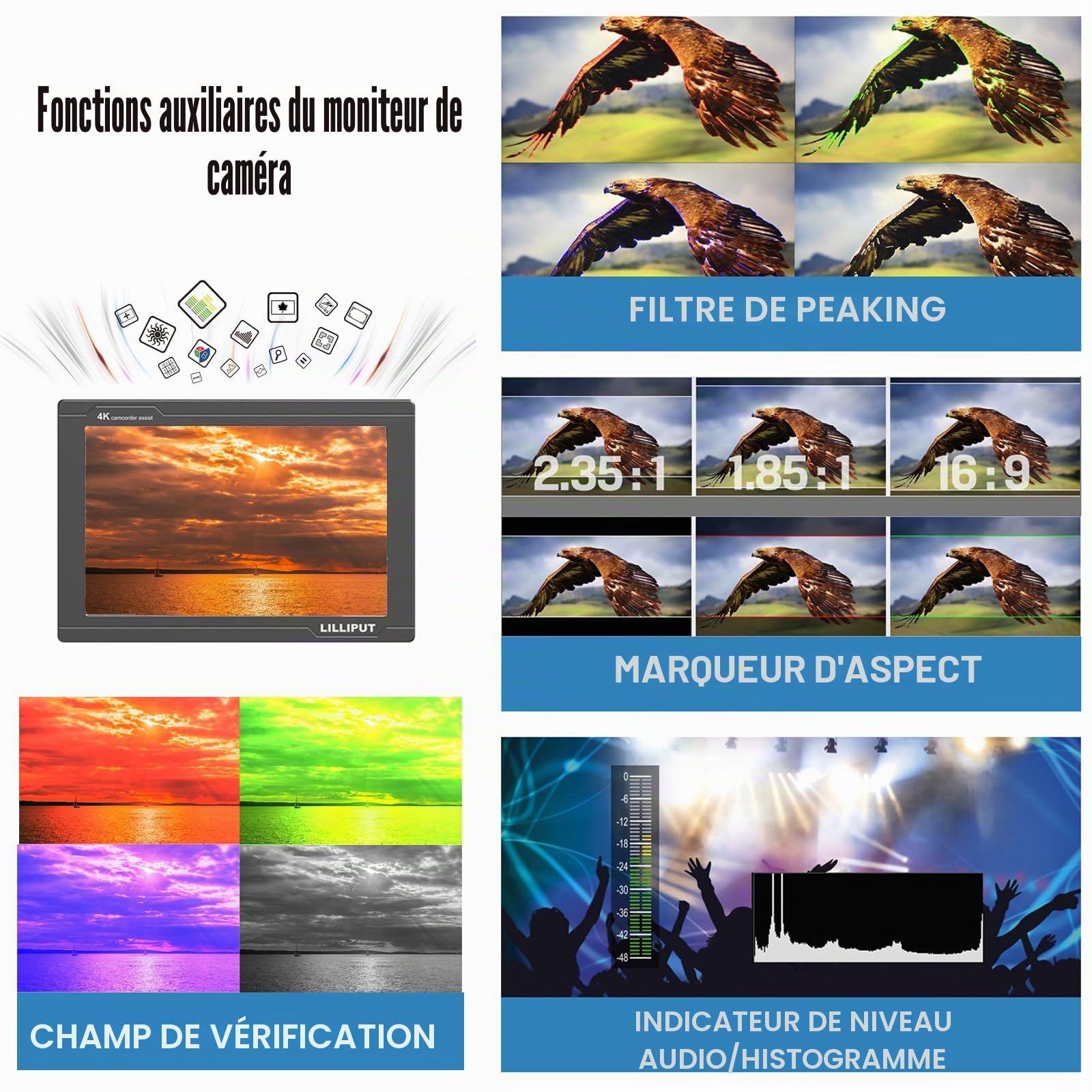 LILLIPUT FS7 7 pouces Caméra Field Monitor Full HD 1920x1200 IPS Caméra Monitor avec forme d'onde, Vectorscope & Histogramme, 4K HDMI & 3G-SDI Entrée/Sortie – DSLR Moniteur für Regisseure und Kamerale