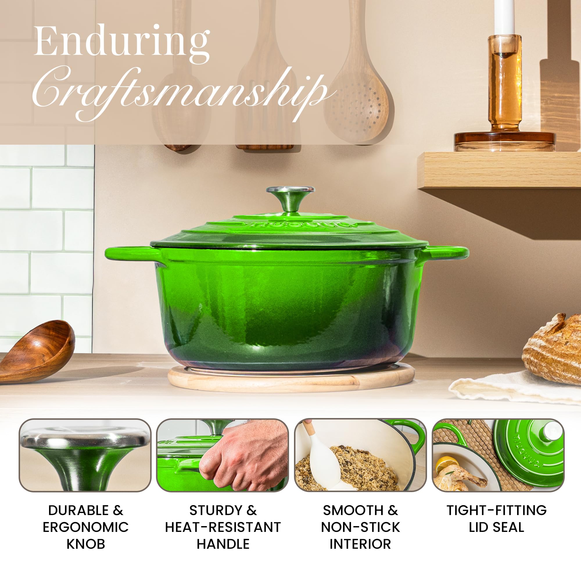 Casseruola in Ghisa Smaltata, Pentola Olandese Antiaderente con Coperchio, Induzione/Gas/Forno, Cottura Omogenea – 4.7 Liter 28cm Verde – da Nuovva