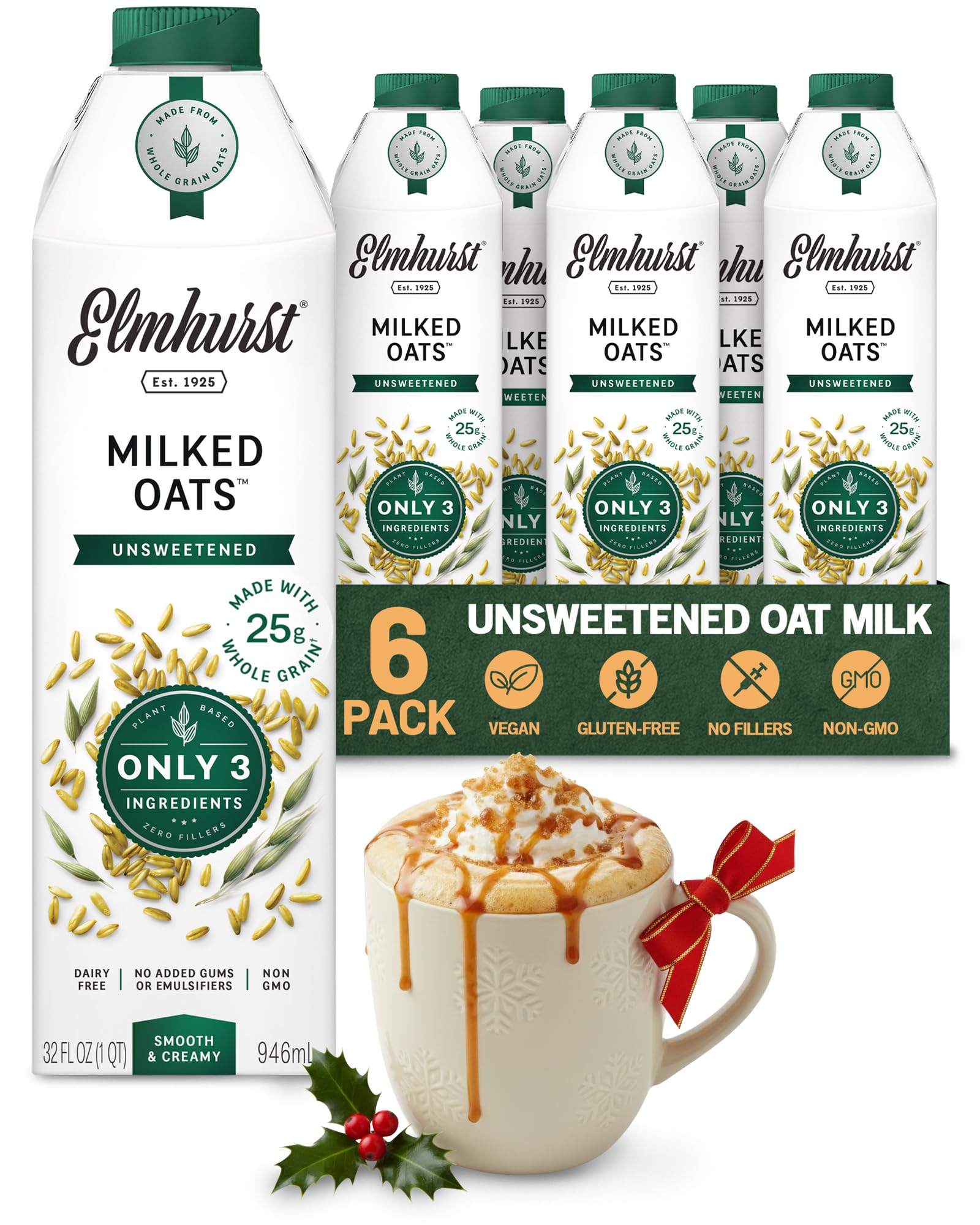 Elmhurst 1925 Unsweetened Oat Milk - 32 Ounce (Pack of 6) Dairy-Free, Gluten-Free, Vegan, Kosher, Shelf Stable Milk Made with Water & Oat Grains for Healthier, Simpler Plant-Based Alternatives