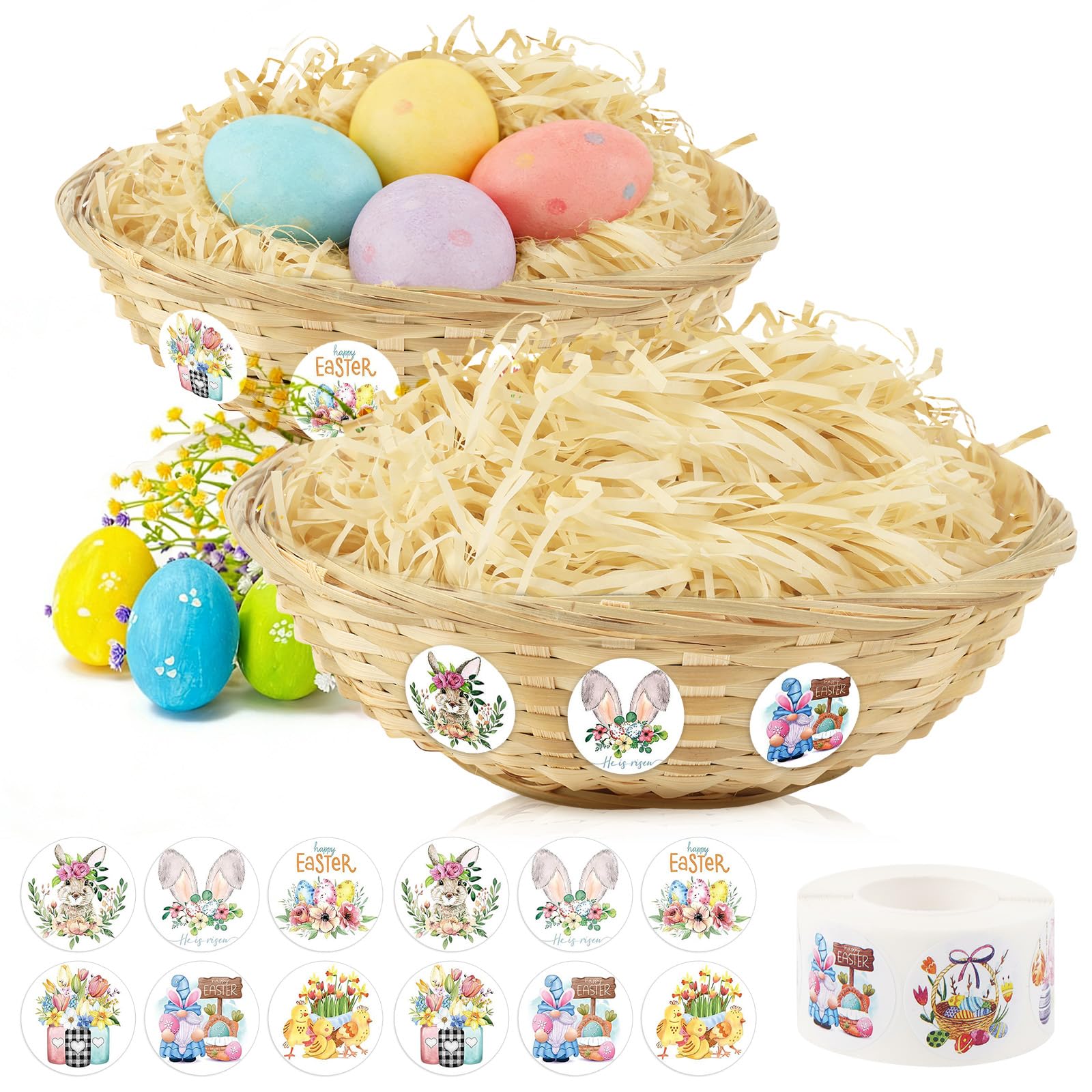 2 Stück Osterkörbchen Mit Deko Gras,Osterkorb Für Kinder Mit Deko Gras Und Aufkleber,Osternester Zum Befüllen, Osternester Korbflechten Für Kinder Ostern Eier Dekoration