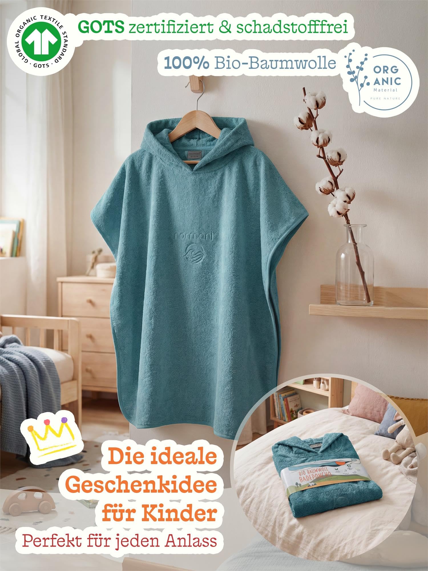 normani Kinder-Badeponcho Strandponcho - Handtuch-Poncho aus 100% natürlicher Bio-Baumwolle Handtuch Cape Badetuch mit Kapuze für Jungen und Mädchen 2-13 Jahre