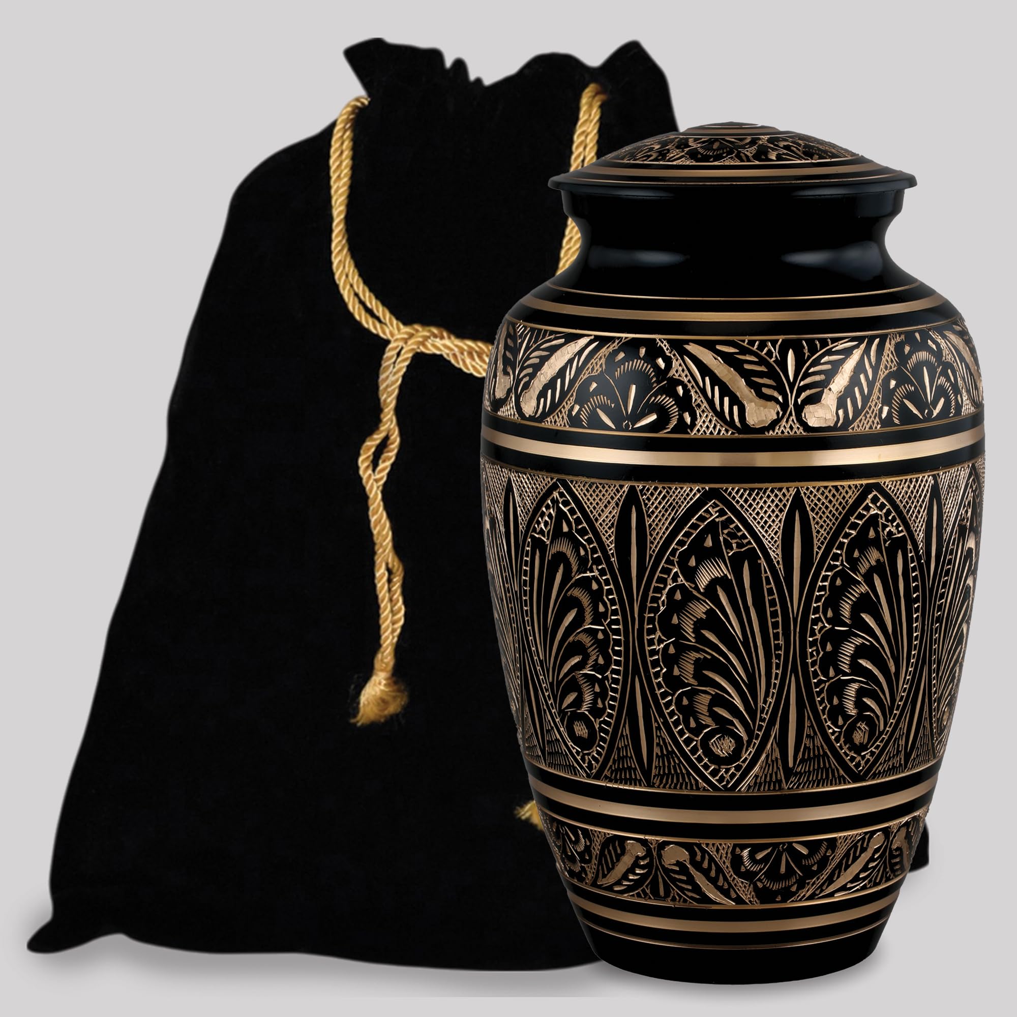 Forever URNS Adult Cremation Urn with Brass Black Beauty Hand Engraved Finish for Human Ashes of Female & Male | 200 cu in | Large | Black Golden | Completely H