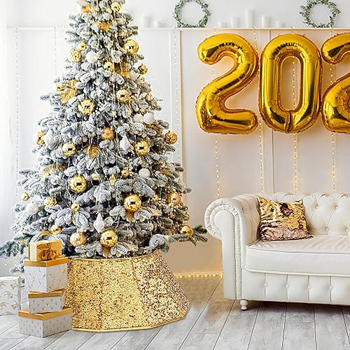 Miniatura 5 de Blissun Collar de árbol de Navidad, falda de árbol de Navidad con lentejuelas, anillo plegable para árbol de Navidad, cubierta de base para árbol de