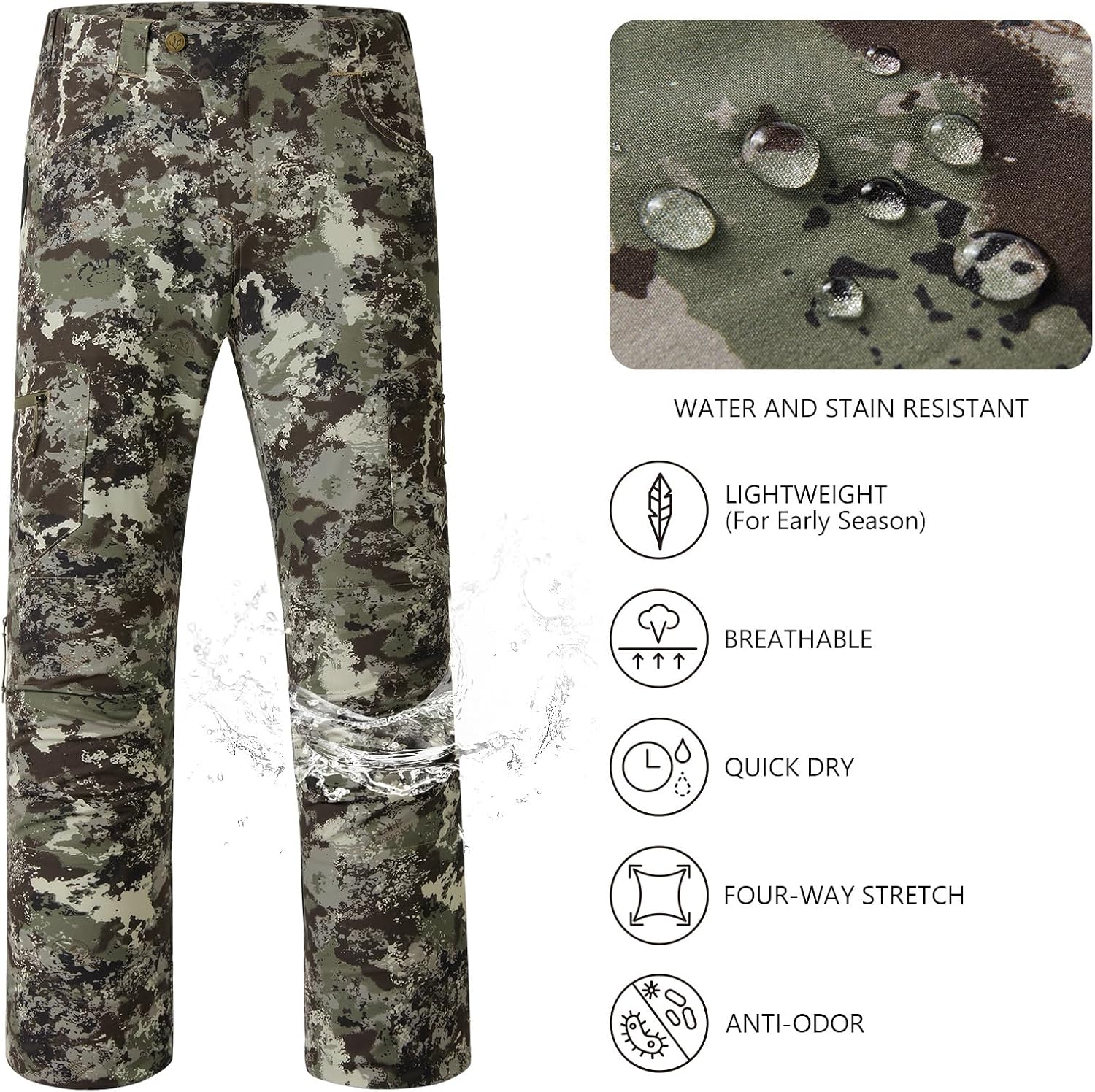 BASSDASH Invis 170 Men’s Lightweight Hunting Pants 4-Way Stretch Breathable Water Resistant for Turkey Early Season Spring