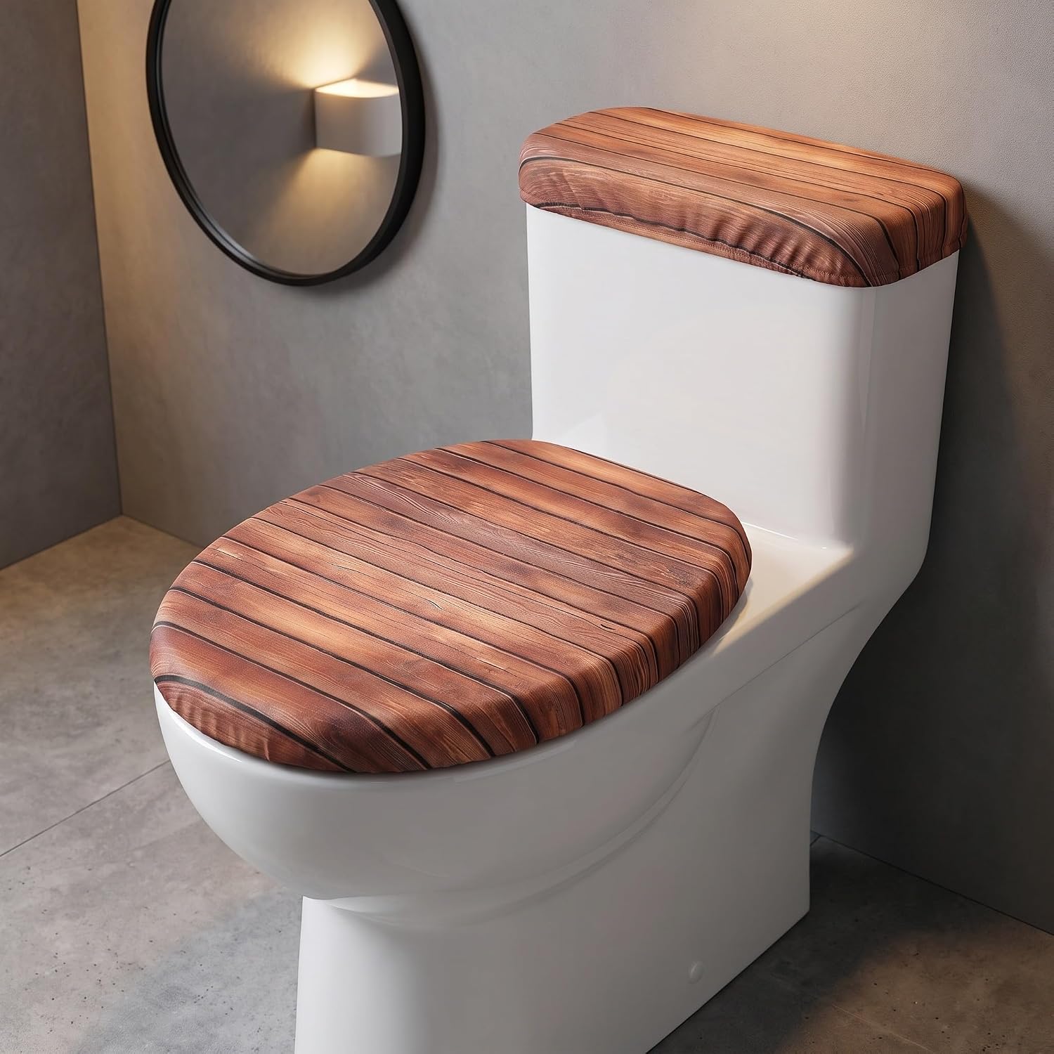 TEHAUX 1set Elastic Bottom Toilet Cover, Wood Grain Fabric Lid Protector