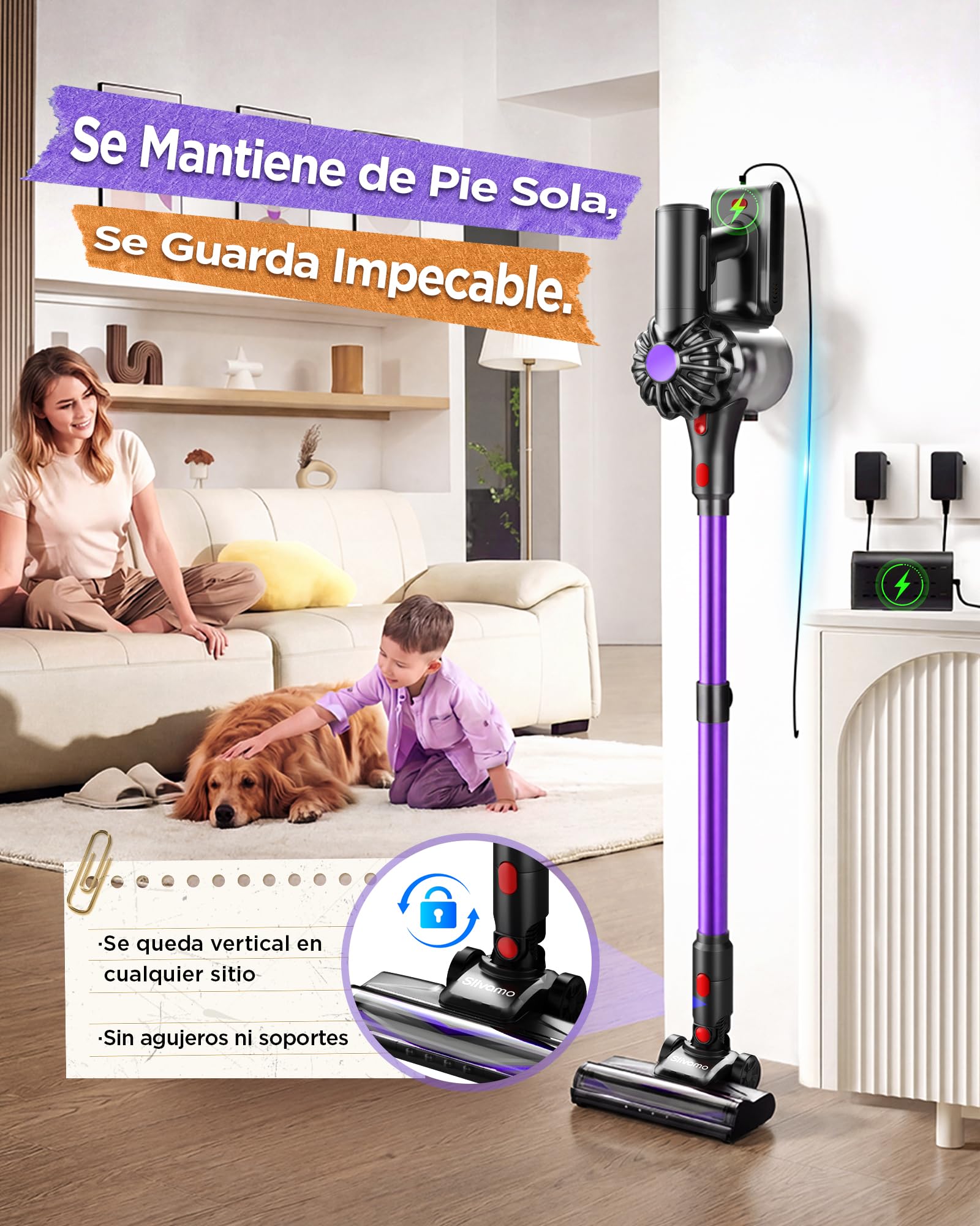 S16 Aspiradora sin Cable, 50kPa/600W/45min, Batería Extraíble, Aspiradora de Mano Ligera con Luz LED Verde, Aspiradora Escoba Inalámbrica para Pelo de Mascota/Suelo Duro, Violeta