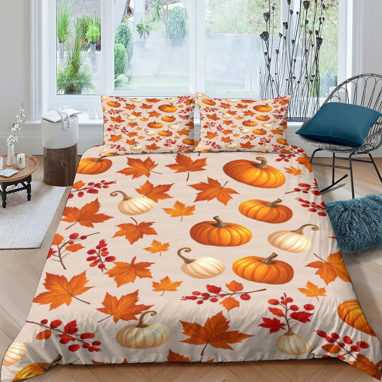 Ctjqhvkz Style-8 3D Printed Pumpkin Autumn Leaves Fitted Sheet Microfiber Soft Machine Washable Fall Maple Bed Cover For Bedroom Decor Single（135X200cm）