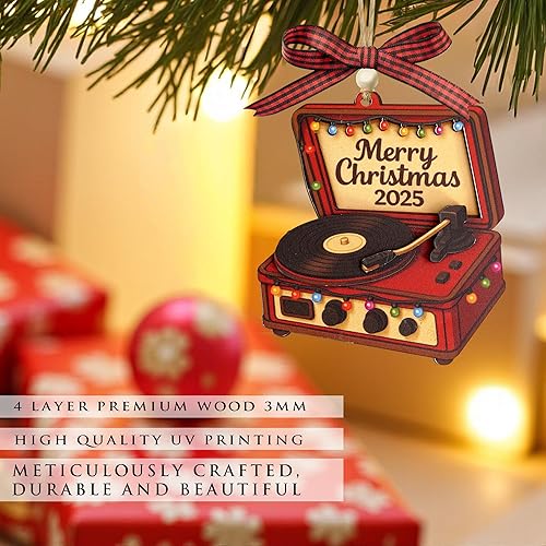Miniatura 5 de Adorno de tocadiscos de Navidad, madera 3D de disco de vinilo retro, adornos de Navidad 2025 para árbol de Navidad, decoración de Navidad de los