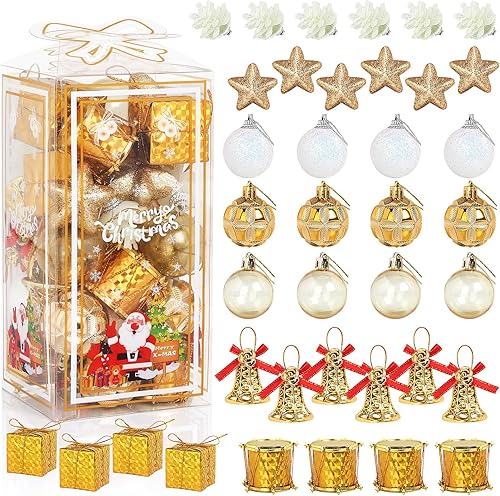 TranquilBliss Adornos de Navidad, 38 unidades, bolas de plástico doradas inastillables para árbol