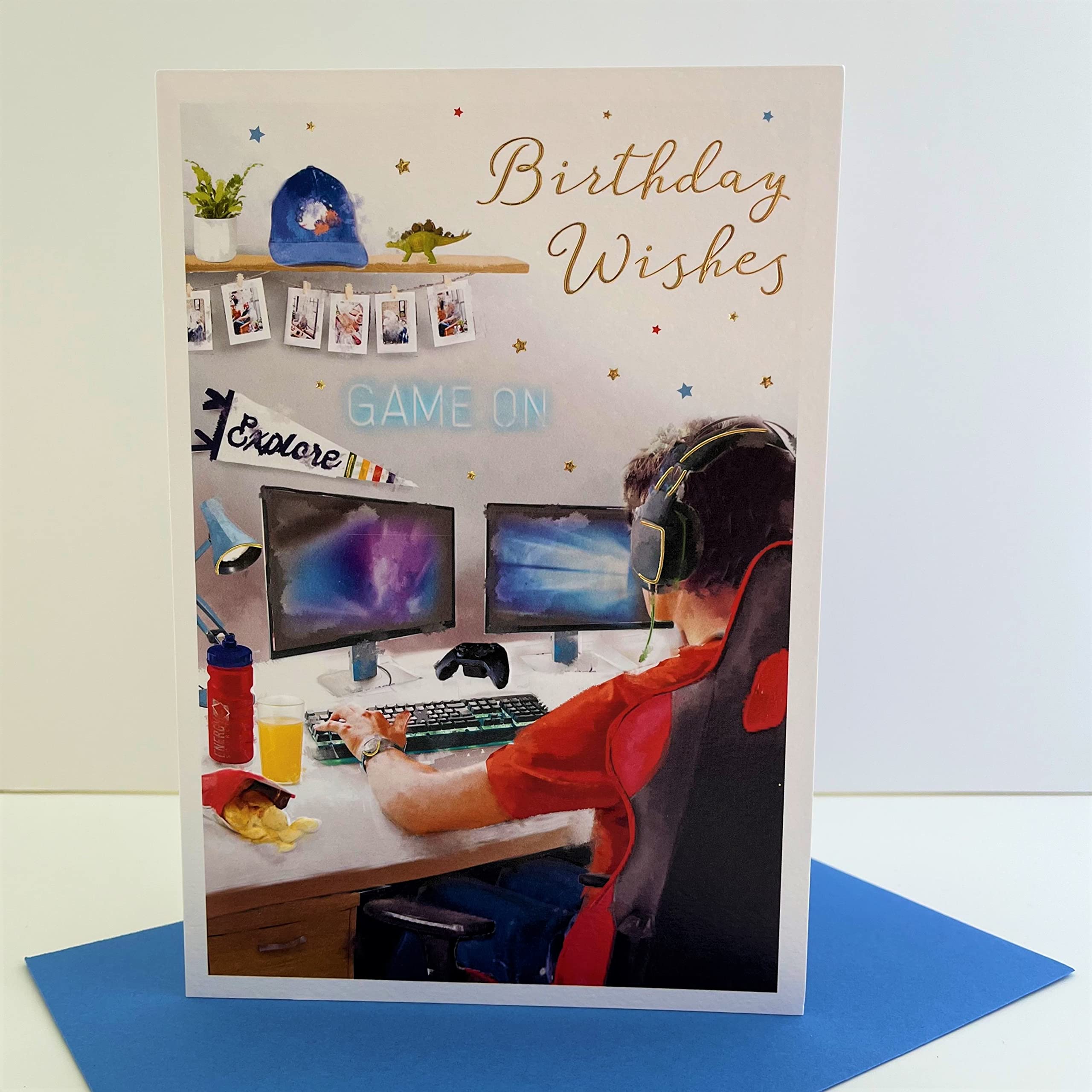 ICG Male Birthday Card - General Card for Men/Boys - Computer Gamer with Headphones and Snacks with Foil Finish