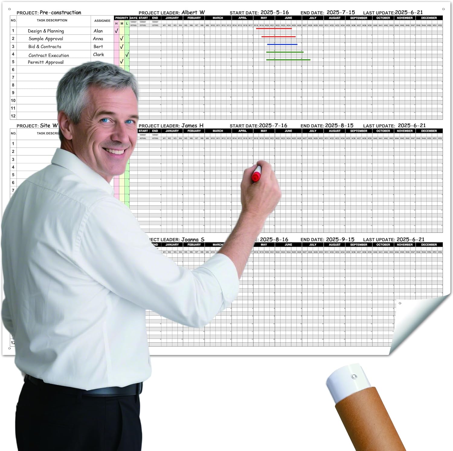 Large Gantt Chart Project Planner For Wall, 36 x 45 Inch Visual Dry Erase Project Management Time Blocking Planner, 52 Week Multi Projects Whiteboard Poster For Tracking Timeline Task Status