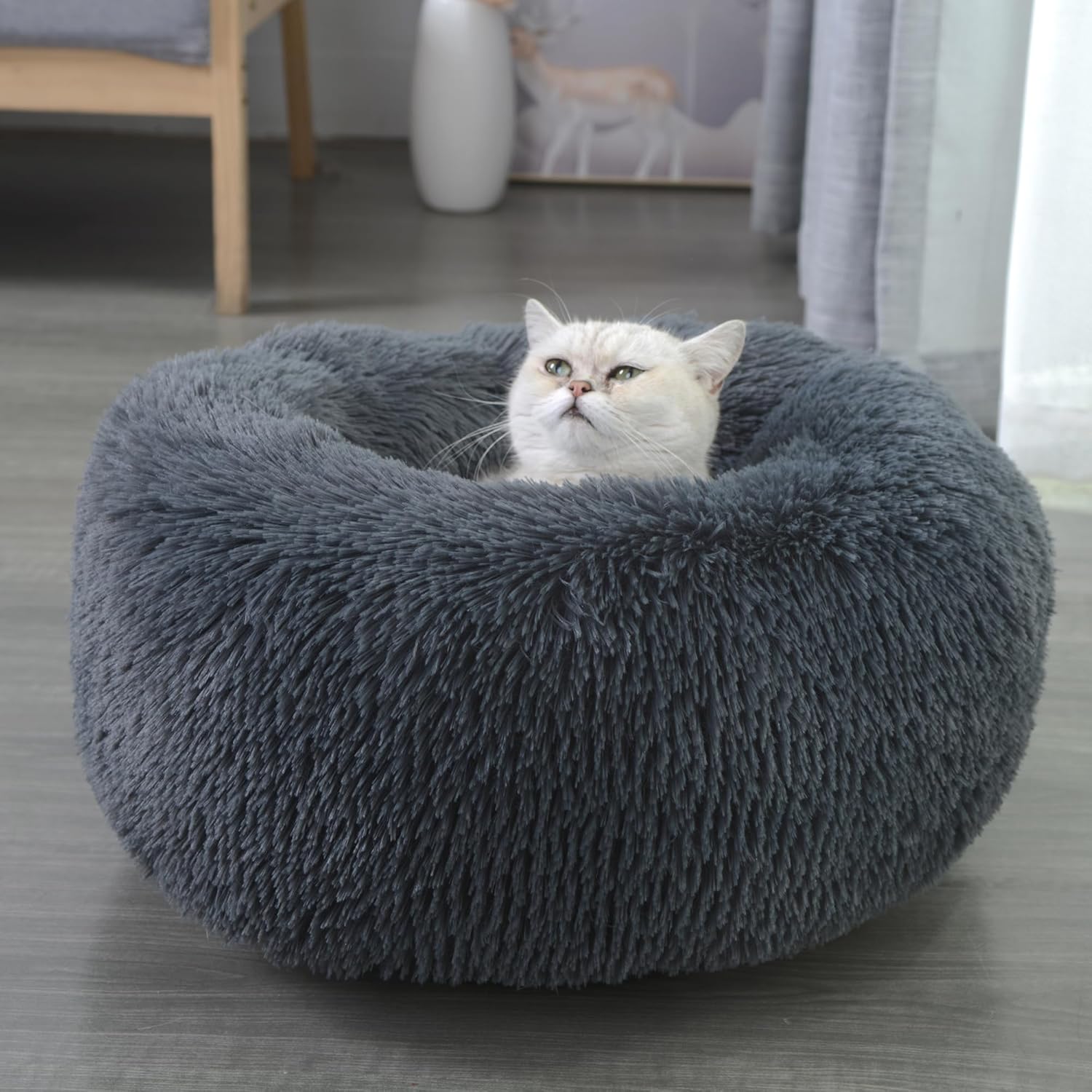 Calming Dog Bed for Large Cats and Dogs, Donut Washable Cat Bed for Indoor Cats and Dogs, Anti-Slip Round Fluffy Plush Faux Fur Pet Bed for Medium Cats and Dogs (Dark Grey, 23.5'')