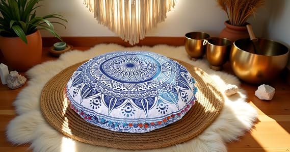 CRAFT KALA 22 Round Mandala Boho Pillow Cover Meditation Room Seating Poufs Cover for Living Room Yoga Room Home Bedroom Balcony Garden Party Decoration Cotton Floor Cushion Cover (Blue Trishul)