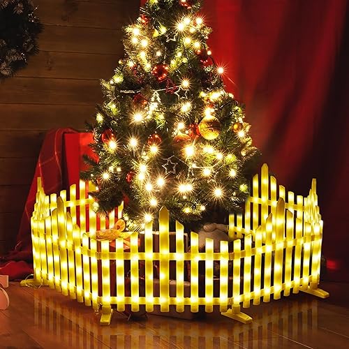 Miniatura 1 de Dyna-Living 8 Pack Garden Fence with LED Lighted, 8 Modes Christmas Tree Fence Lights Plug in, Plastic White Edging Picket Decorative Fence Panels,