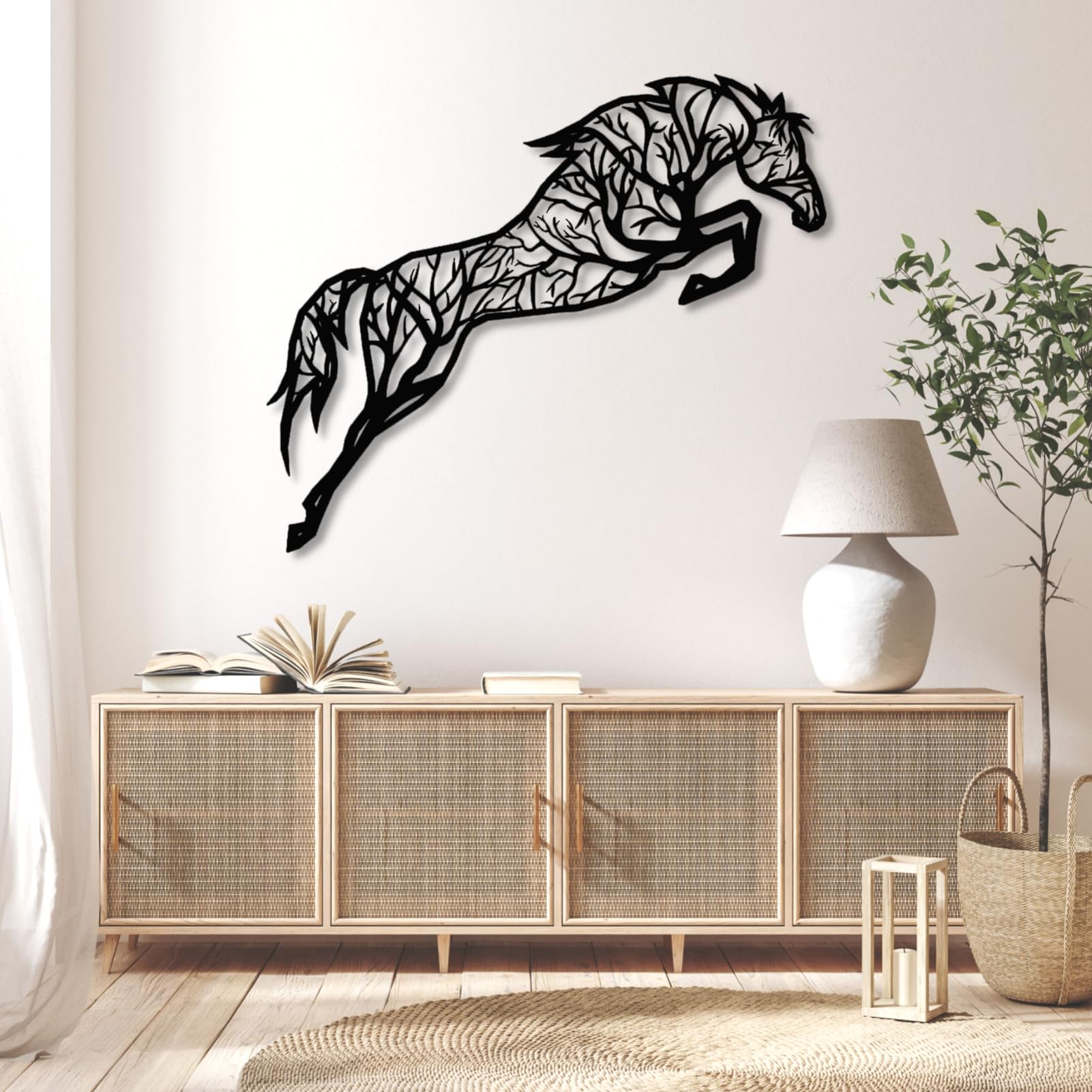 Decorazione murale in Metallo Nero a Forma di Albero e Cavallo, Ramo in Metallo in Stile Western, Scultura Moderna a Forma di Albero e Cavallo per Soggiorno, corridoio e Scale (Oro 41" L x 3