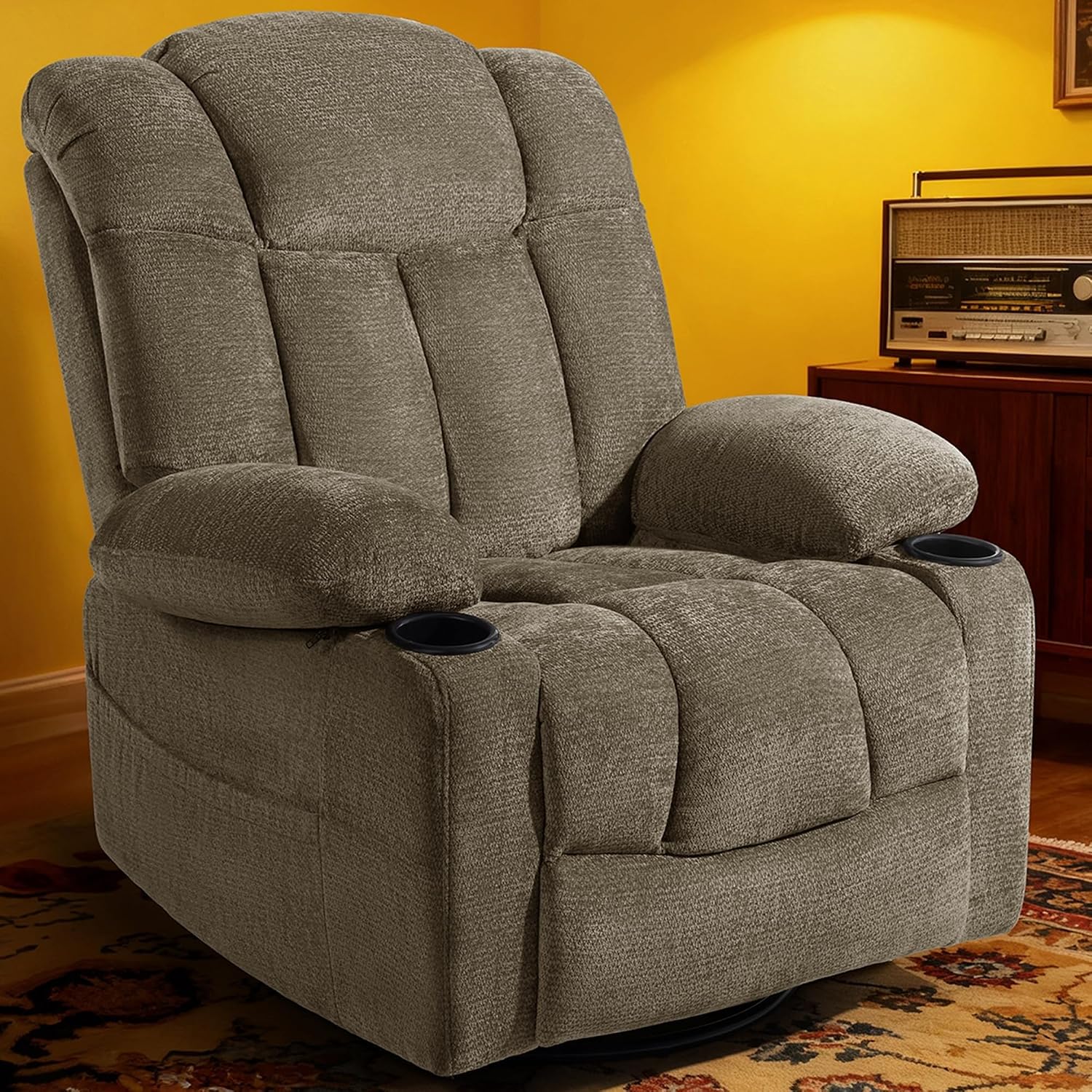 Manual Swivel Glider Rocker Recliner Chair with Heat Massage Comfy Upholstered Reclining Chair for Living Room Home Theater