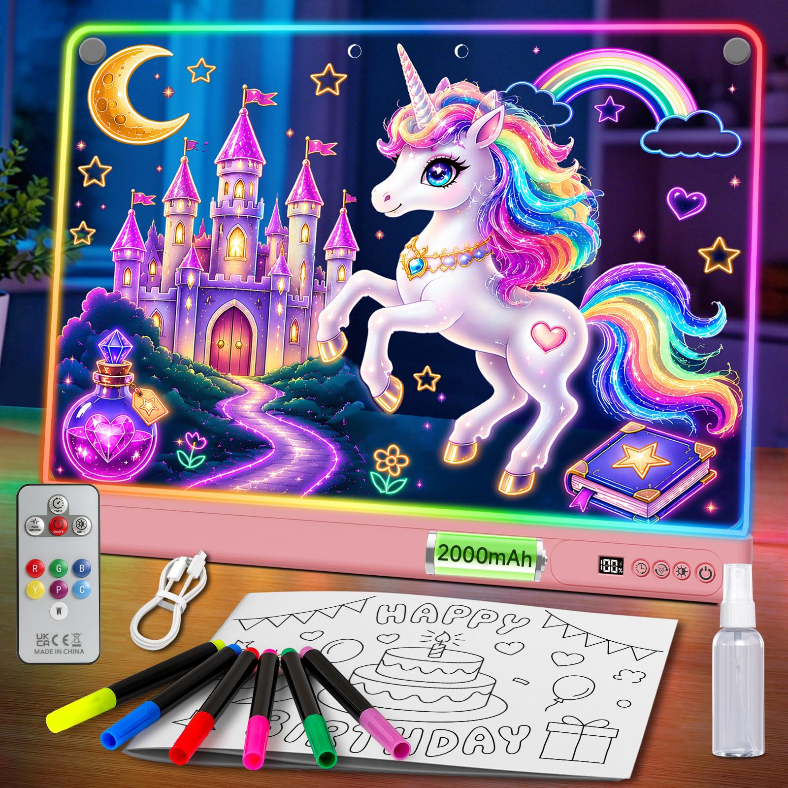 WEVOL LED Drawing Board for Children, 18.8-Inch Rechargeable Acrylic LED Note Board with 15 Light Modes & Timer, Light Up Dry Erase Drawing Pad with Templates, Glow Doodle Pad Gifts for Girls Boys
