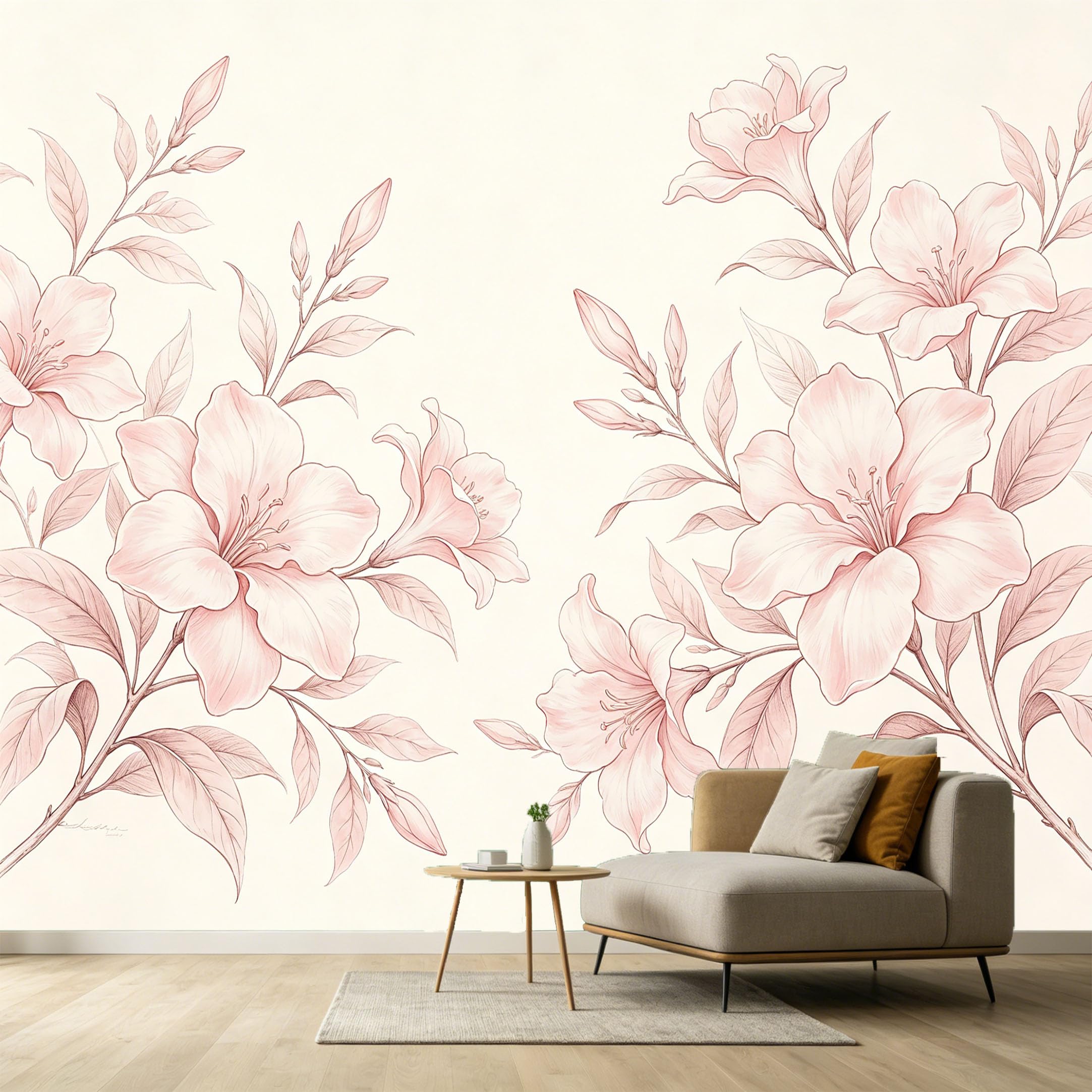 Custom Size Wall Murals Botanical Sketch Blush Pink Flowers Minimalist Modern Watercolor Line Art SelfAdhesive Wall Fabric Removable Large Wallpaper Photo for Living Room