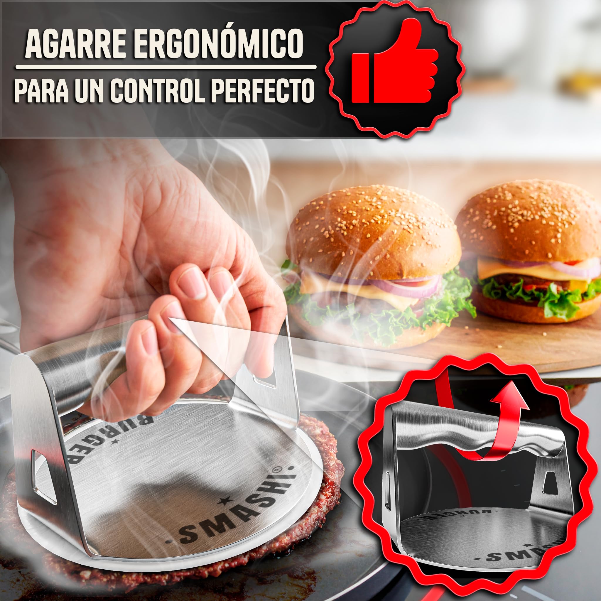 SMASHI Kit Smash Burger Acciaio Inox 304 - Smasher, 2 spatole Smash, 2 coperchi Smash, pressa hamburger, portaspezie e pinzette | Set professionale per cucina, BBQ e ristorante