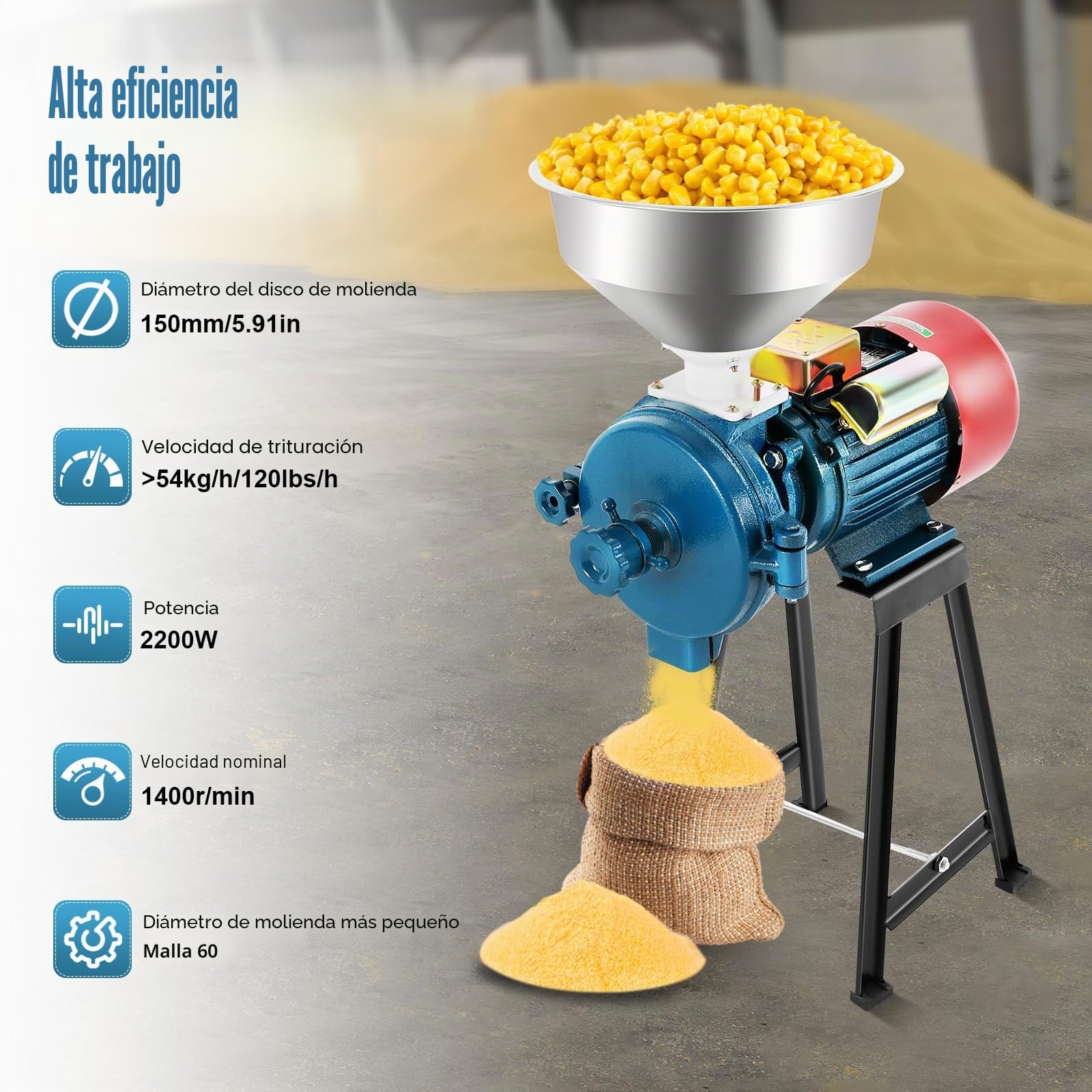 Molino eléctrico de granos,2200W Molino de grano 1400 RPM de alta eficiencia abrasivo con 1 embudo Molino de harina de trigo seco, para cereales, maíz, pajita