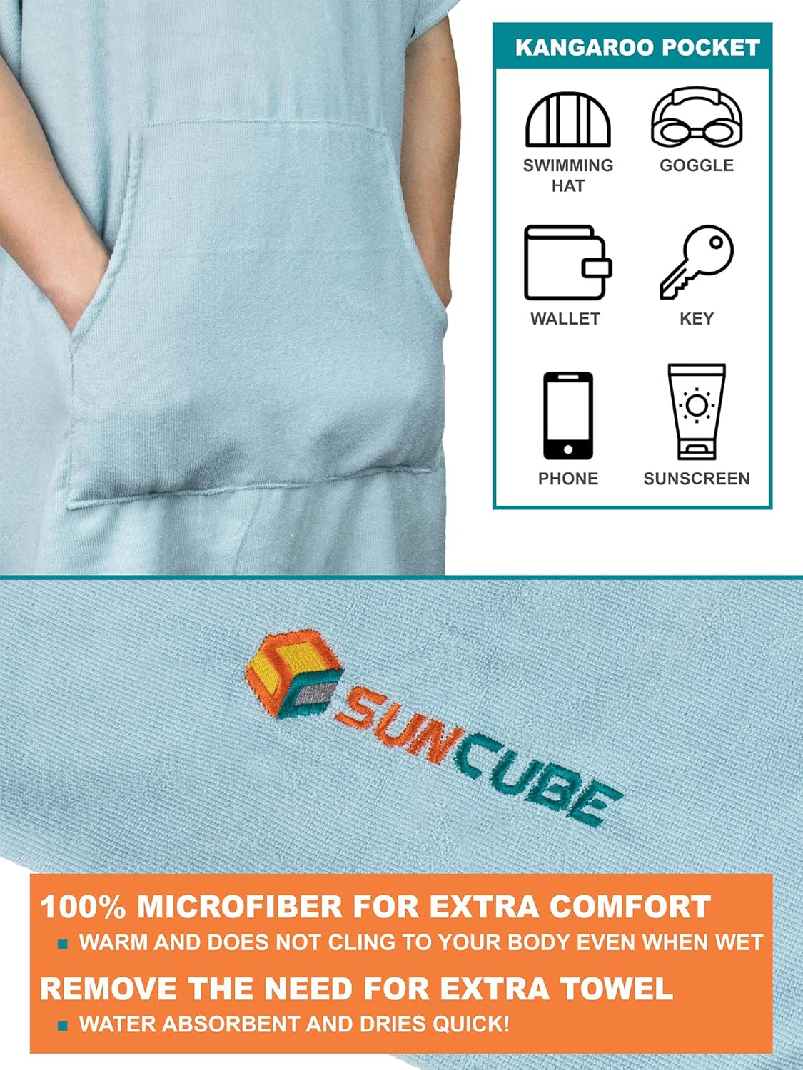 SUN CUBE Surf Poncho Changing Robe with Hood | Absorbent Quick Dry Microfiber Wetsuit Changing Towel with Pocket for Surfing Men Women - Image 3