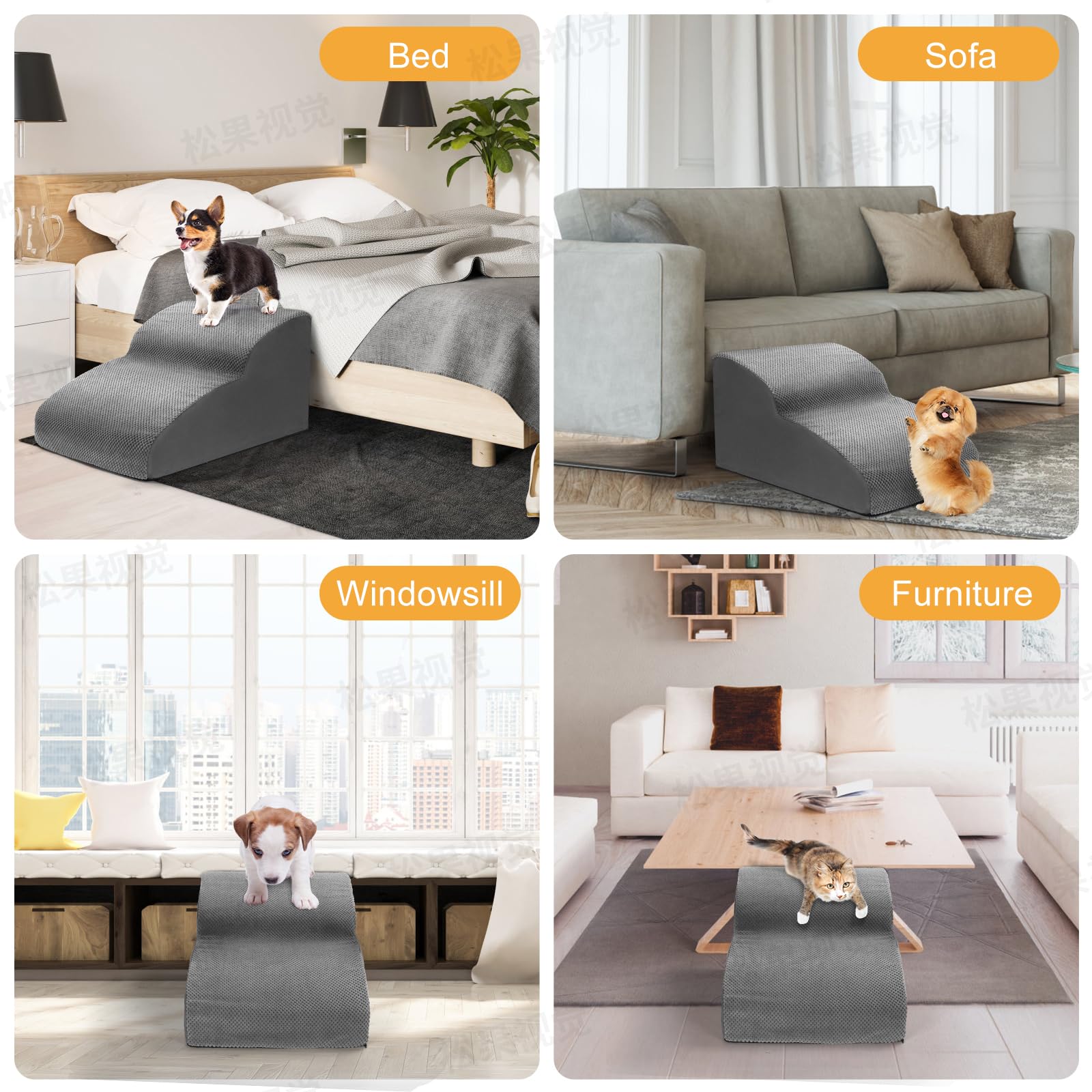 Lannvan Escalier pour Chien à 3 Marches - Escaliers pour Animaux en Éponge pour Canapé et Lit - Rampe pour Chien Chat avec Housse en Tissu Amovible et Lavable - Envoyer Rouleau Poils Animaux - Gris