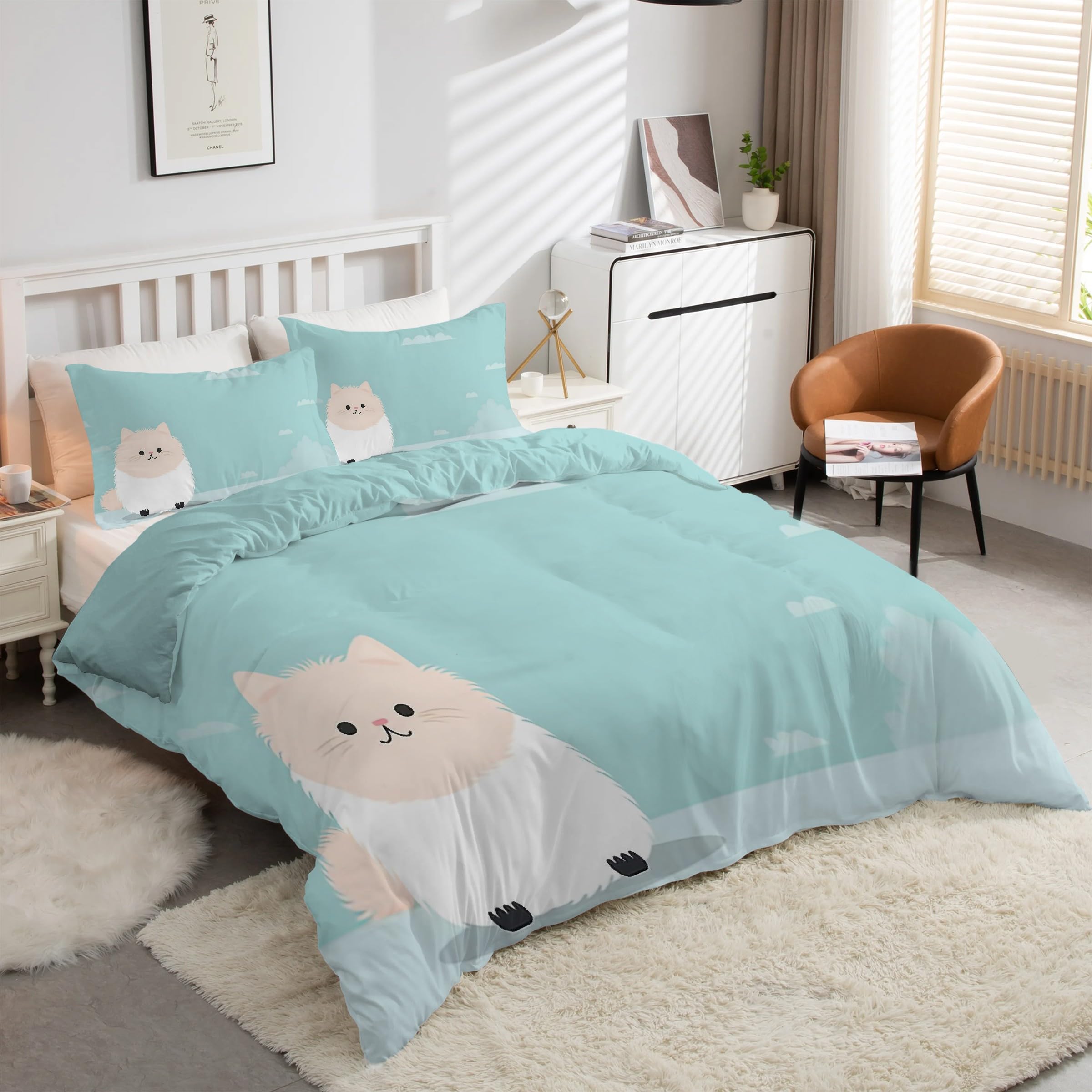 Housse de couette chat 90x190 cm anti-plis en microfibre douce pour lit enfant 3 pièces